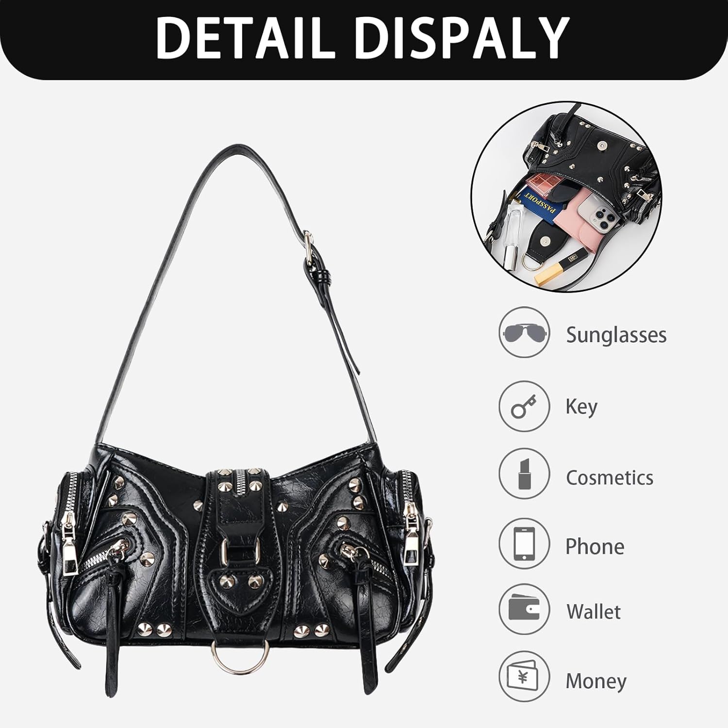 Y2k Shoulder Bag for Women Small Studded Purse PU Leather Goth Purse Mini Punk Grunge y2k Handbag
