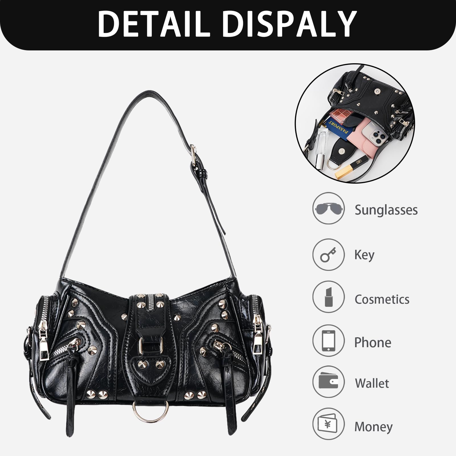 Bolso de Mano Y2K Bolso de Hombro Mujer Vintage Bolso con Tachuelas Estilo Punk Bolso de Hombro para Fiesta Trabajo Vida Diaria