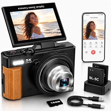 5K Digital Camera for Photography, 80MP Vlogging Camera for YouTube with 3" 180 Flip Screen, 12X Optical Zoom WiFi, Beauty Filter & Autofocus Point and Shoot Camera with 16G SD Card for Beginner