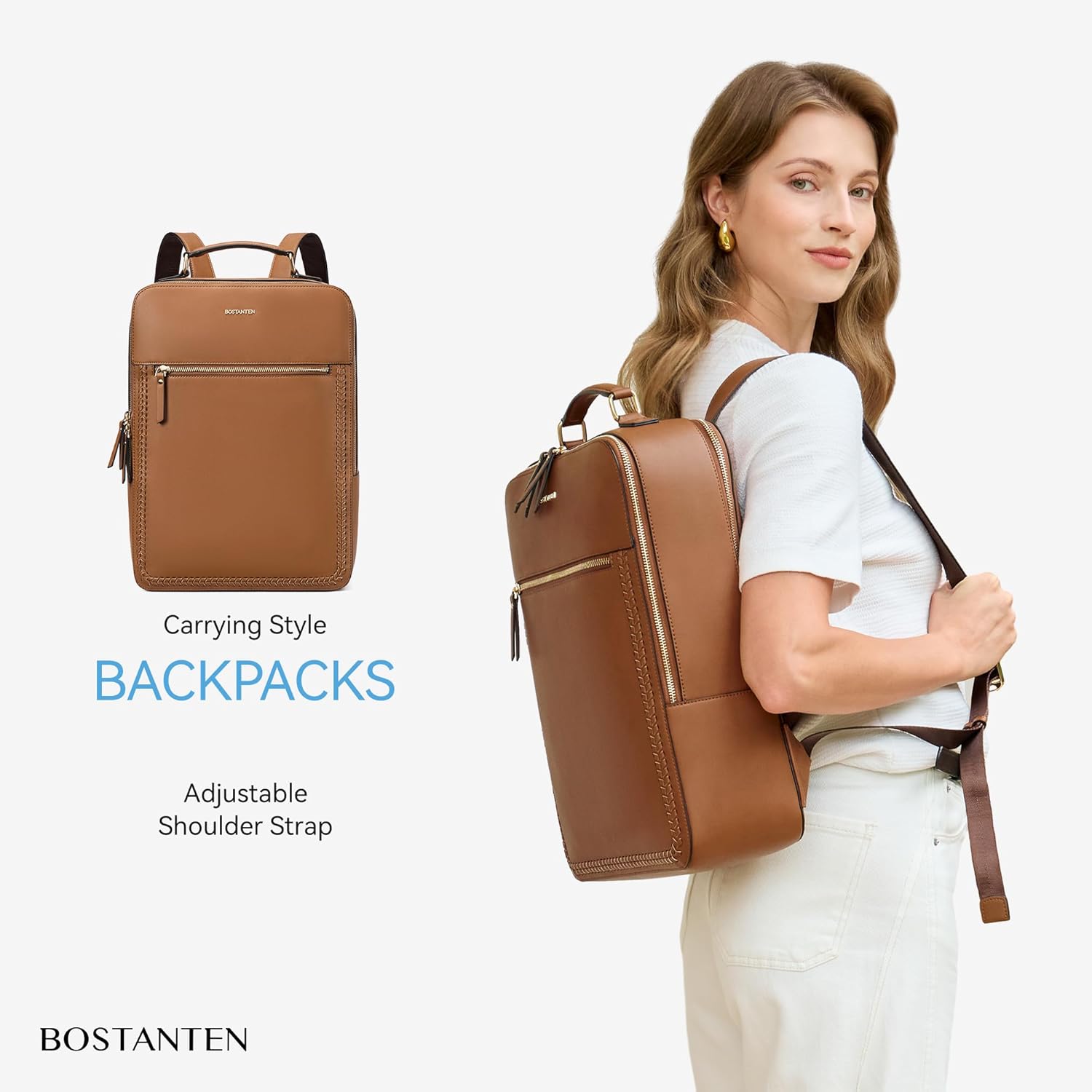 BOSTANTEN Leather Backpack 15.6 inch Laptop Bag Travel Casual Computer Backpack College Business Work Shoulder Bags with Trolley Sleeve for Women Men Brown - Image 3