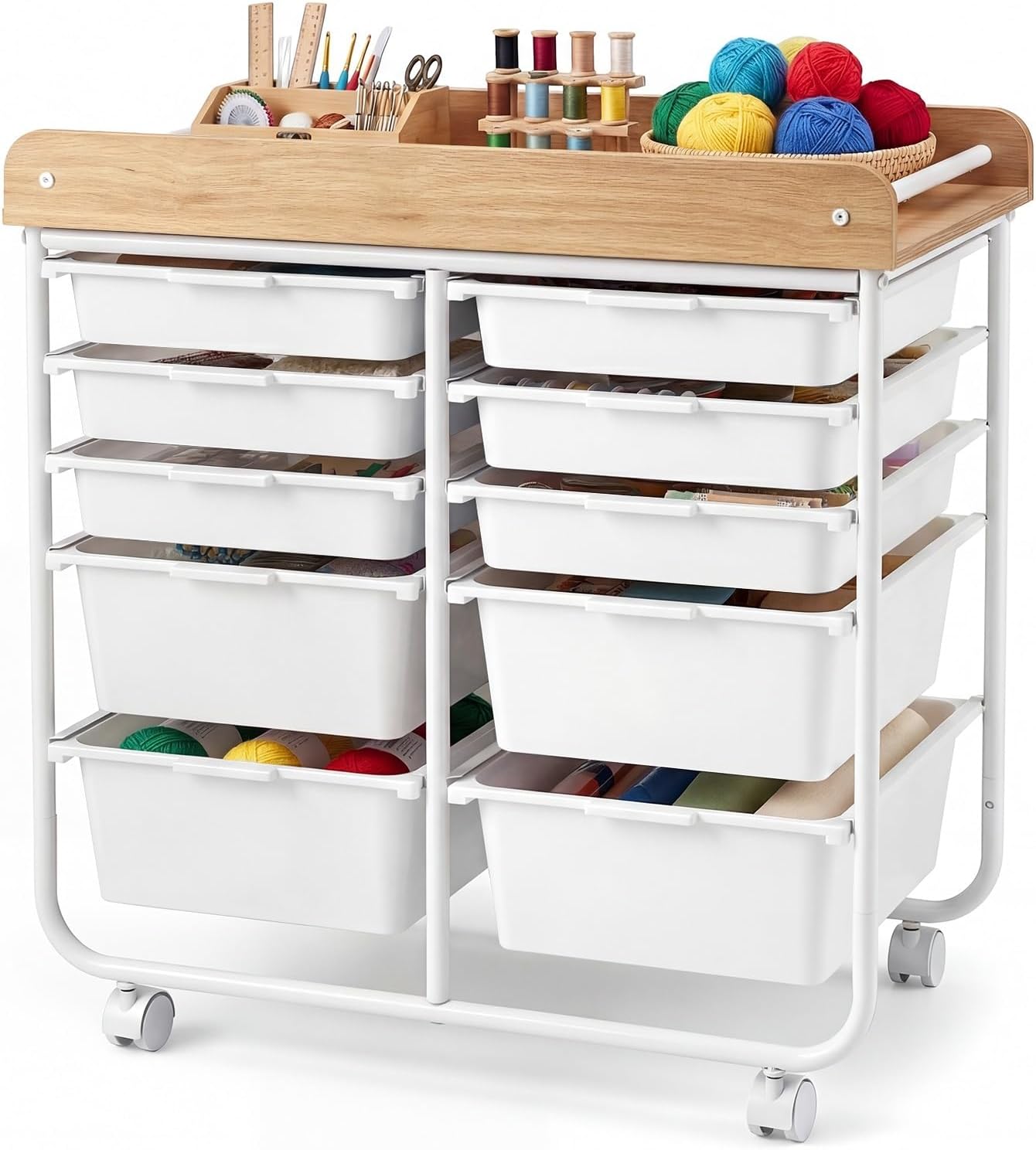 BECOMFORT 10-Drawers Rolling Utility Cart, Storage Cart on Wheels, Teacher Classroom Organizers with Wooden Tabletop & Lockable Wheels, Mobile Trolley Craft Cart for Art Paper Tools School Office