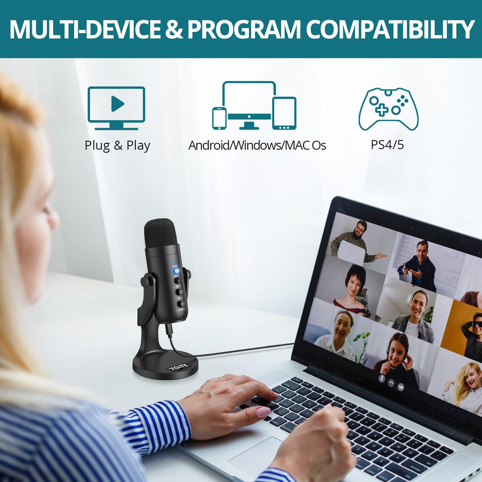 Mikrofon do gier PC 16Bit/48 kHz, Mikrofon pojemnościowy do iPhone'a, telefonu komórkowego, PS4, PS5 z wyciszeniem, Mikrofon USB/Type-C do przesyłania strumieniowego, podcastów, Twitch, YouTube