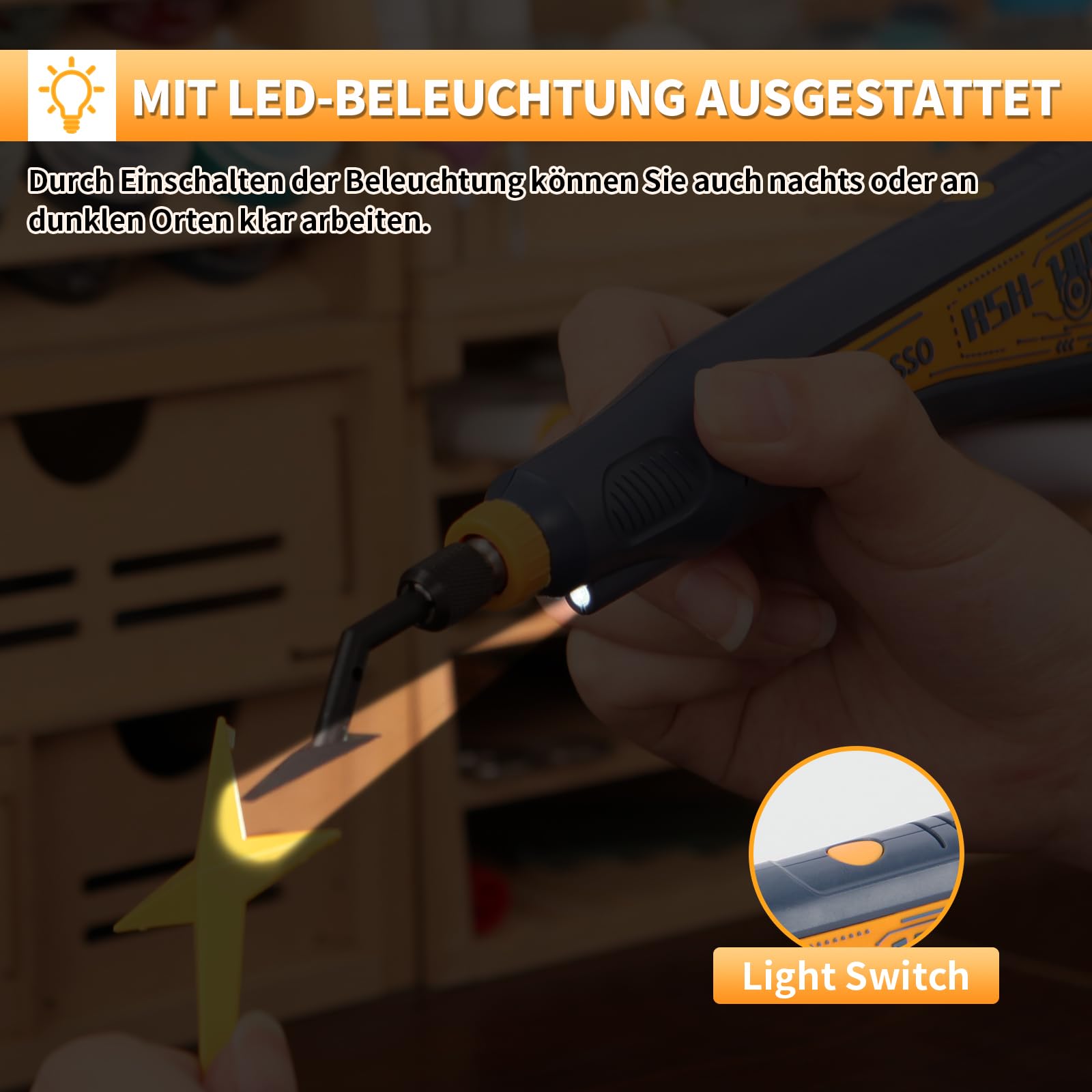 Hubschleifer, variable Drehzahl und USB-Aufladung mit LED-Licht, Stiftschleifer mit 6 Schleifköpfen, geeignet zum Schleifen, Polieren, Finishen und für DIY-Projekte (BLAU)