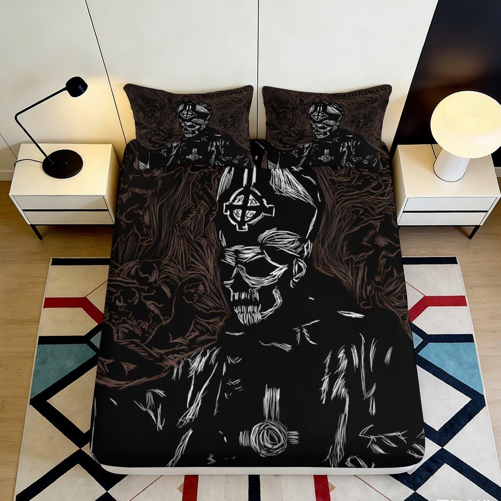 3D Printed Gothic Skull Fitted Sheet Microfiber Soft Breathable Dark Skeleton Bed Cover for Bedroom Dormitory Guest Room Mattress Protection Decor 140x200x25cm