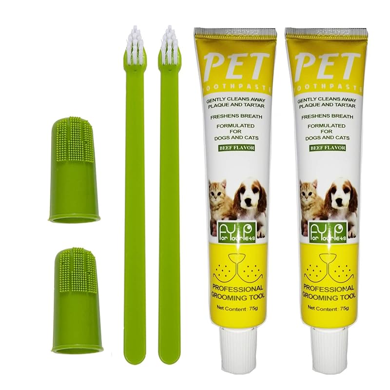 Kit de escova de dentes para cães e gatos com silicone macio e pasta sabor carne PUPPYCUTE – Pacote com 2