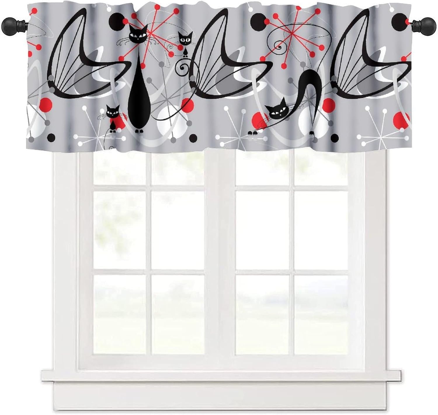 1950s Black Cat Valance Curtain, Atomic Star Mid Century Modern Atomic Abstract Short Valances Window Treatment for Kitchen Bathroom Living Kids Bedroom 54x18inch