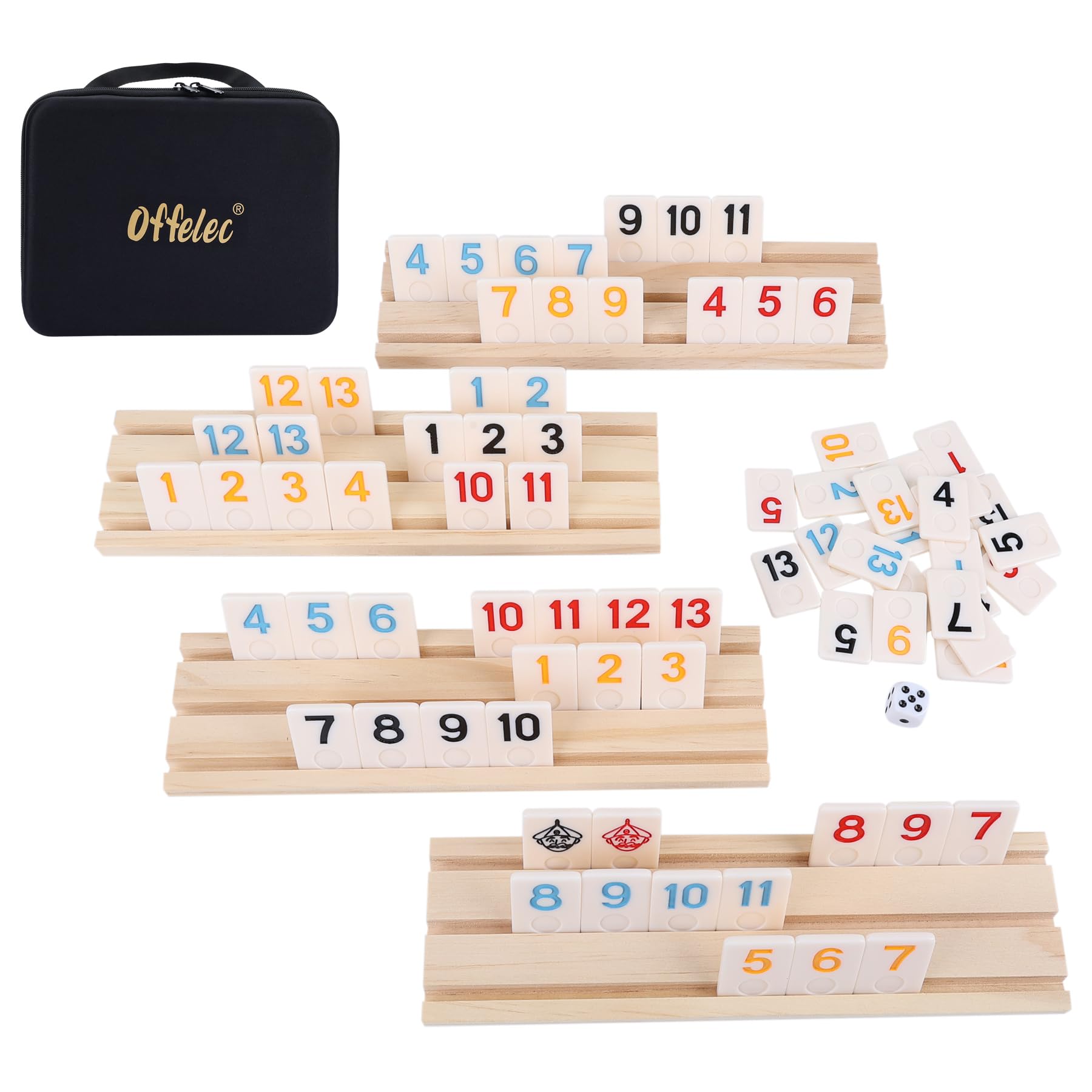Upgraded Rummy Cube Game Set & 4 Wooden Racks, 106 Large Number Rummy Tiles and Portable Case, Classic Rummy Games for 2-4 Players, Travel & Family Board Game for Adults, Kids & Parties, Great Gifts