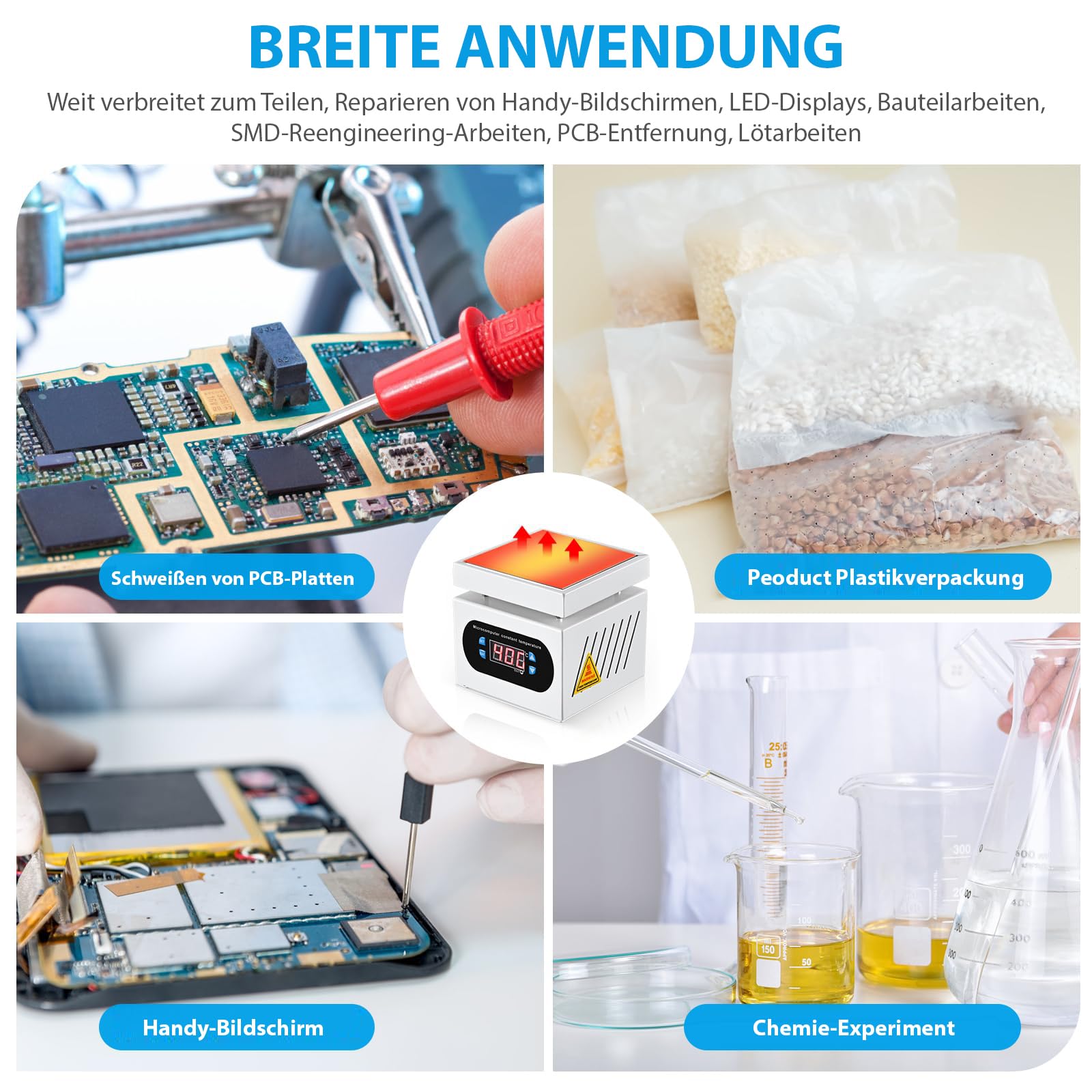 Lötstation Heizplatte, 700W 15x15cm Heizstation 220V für die Erwärmung von Komponenten, SMD-Rework, PCB-Entfernung und Löten, 0-400°C Temperaturregelung Ausgestattet