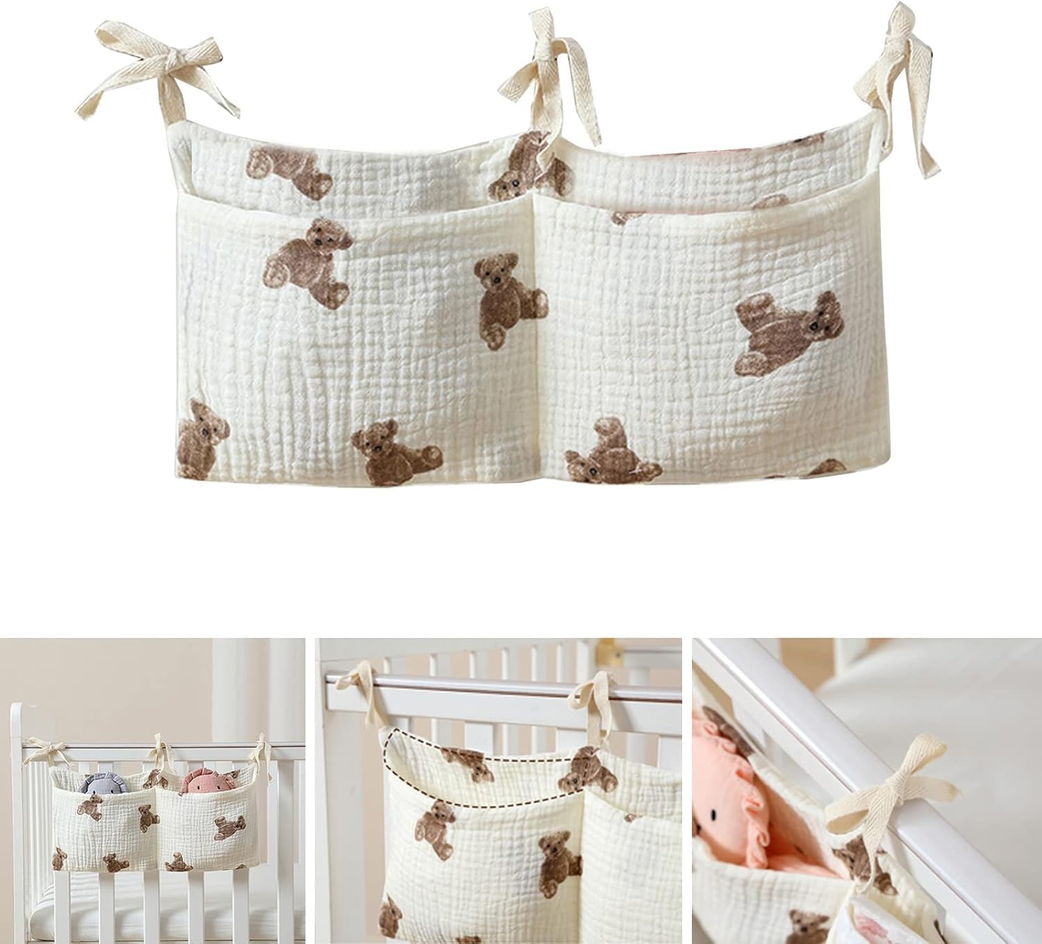 Bedside hanging bag for storing baby milk bottles and blankets - Baby diaper folding bed organizer bag - White teddy bear