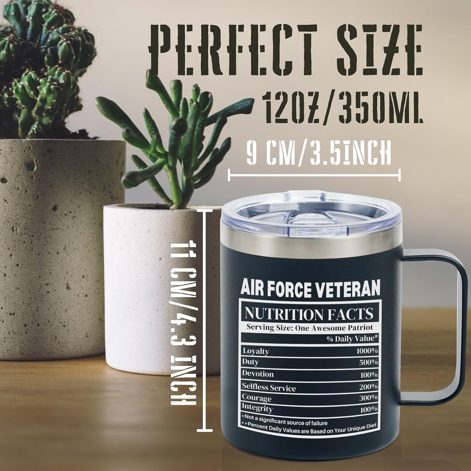 Onebttl Veterans Appreciation Gifts for Men, Nutrition Facts, Funny Coffee Mug for Husband, Dad, Grandpa, 12oz Stainless Steel Tumbler, Black, Air Force Veteran