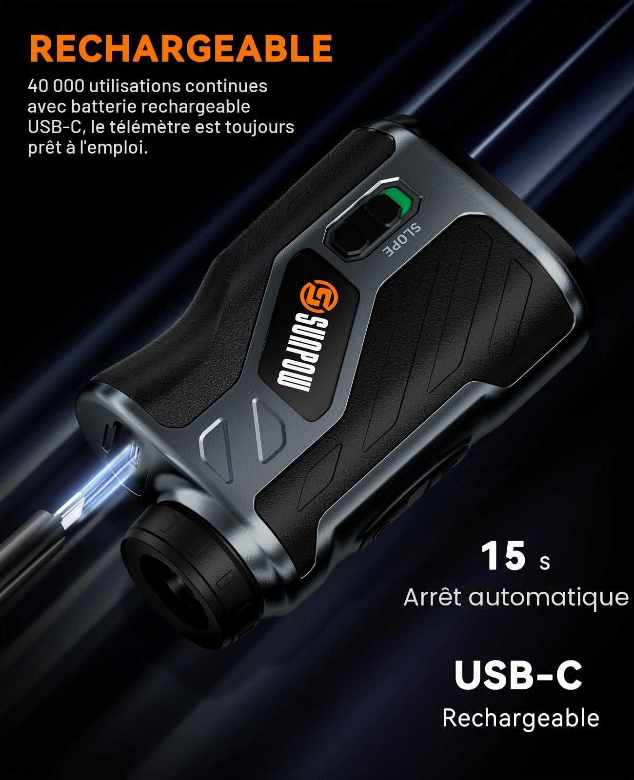 SUNPOW Télémètre de Golf avec Compensation de Pente, Laser Haute Précision, Portée 1200 Yards, Grossissement 7X, Verrouillage de Drapeau Vibration, Rechargeable, Bande Magnétique.