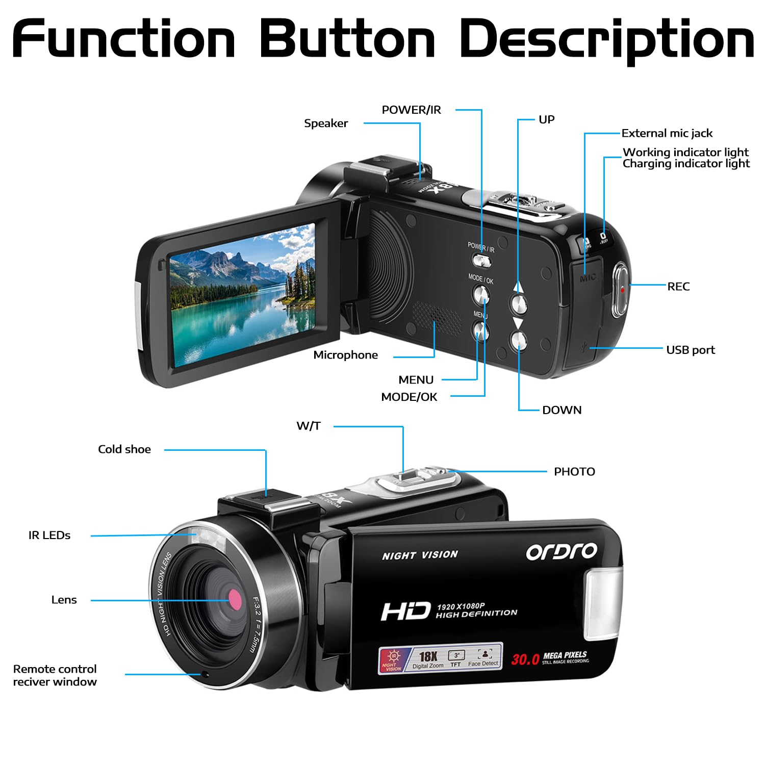 ORDRO Full HD 1080P 30MP Camcorder 18-facher Digitalzoom IR-Nachtsicht YouTube-Videokamera 3,0 Zoll 270° drehbarer Bildschirm mit 16 GB Karte und 2 Akkus Vlogging-Kamera (Schwarz)