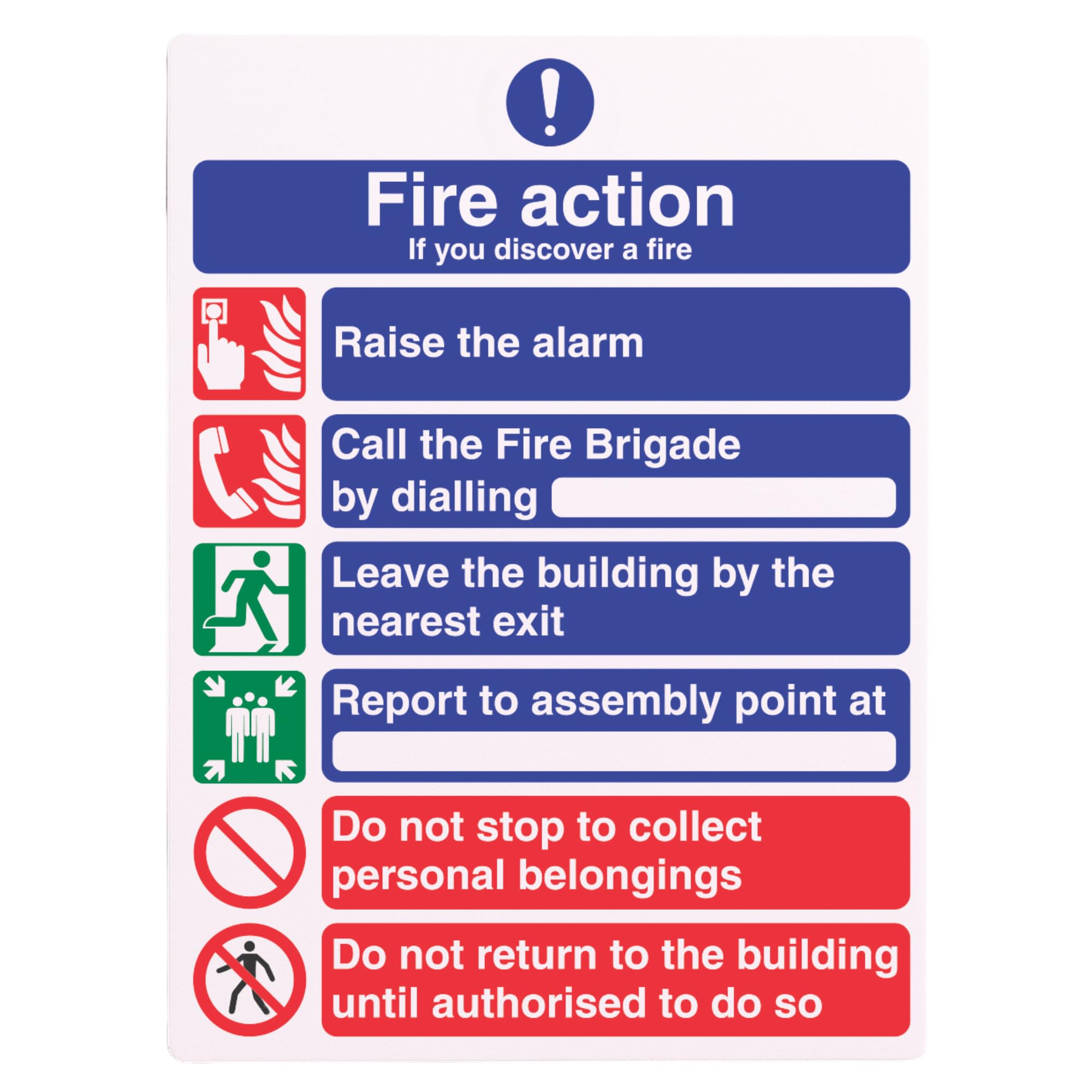 V Safety General Fire Action Sign – 6-Point Emergency Instructions – Self-Adhesive Vinyl 150 x 200 mm – EN ISO 7010 Compliant Safety Notice for Office, School, Workplace, Public Use