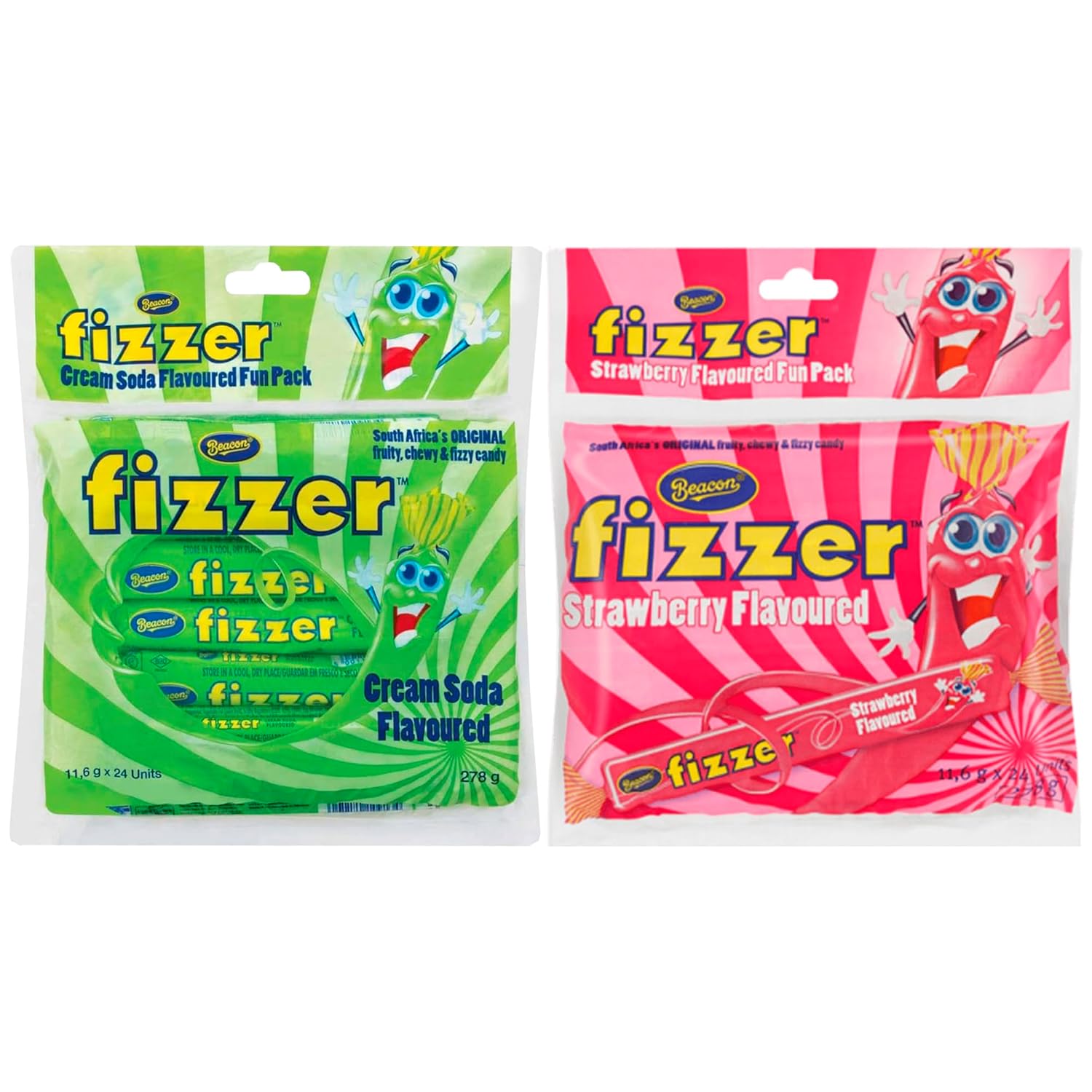 Beacon Fizzers Soda Cream and Strawberry Flavour 48 Units (2 Packs) - Authentic South African Candy Lollies
