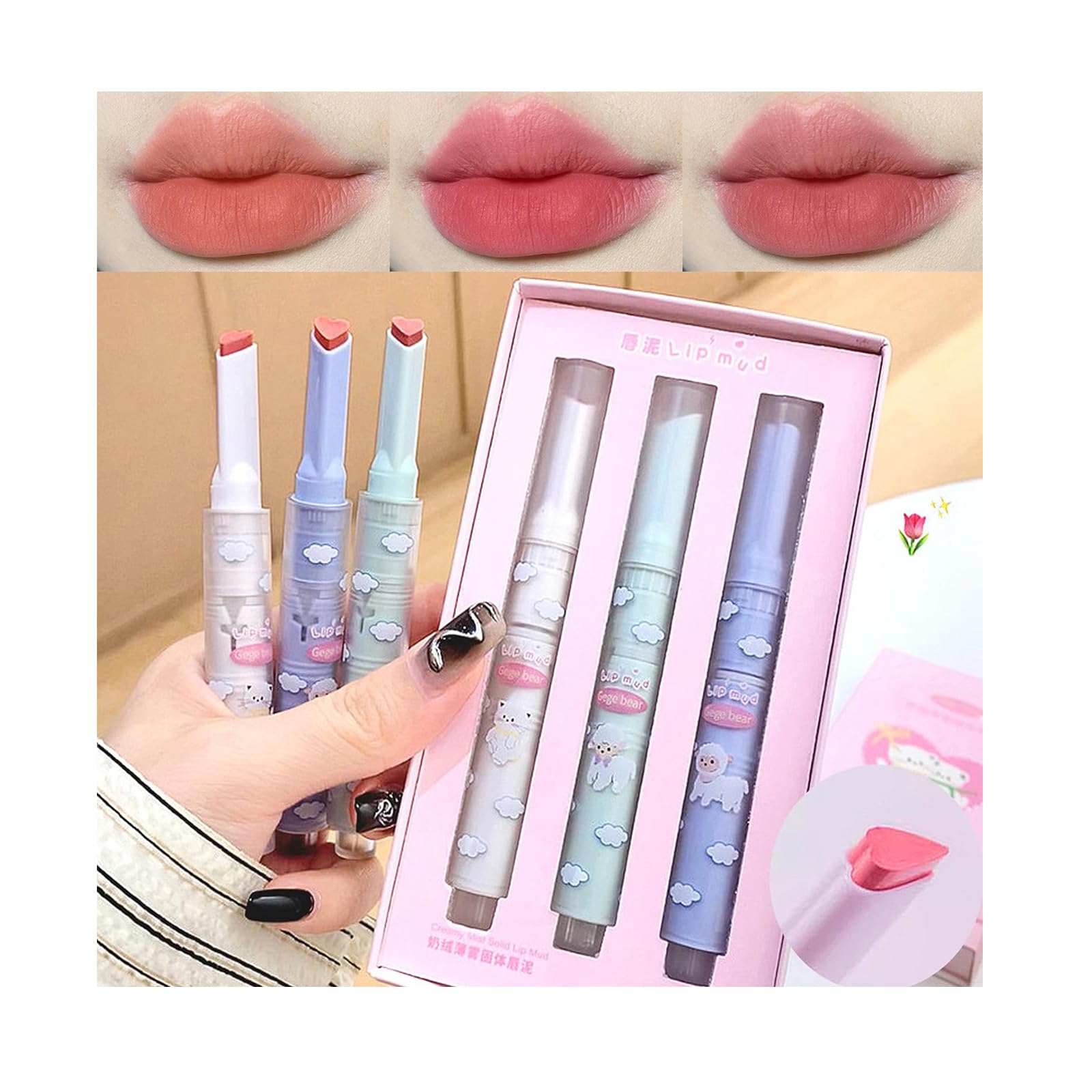 3 Colors Cute Love Lipstick Set, Heart Shape Velvet Matte Lipstick, Nude, Waterproof, Long Lasting&Non-Stick Cup Lip Clay Cute Lip Makeup for Girls (blue, 3pcs)