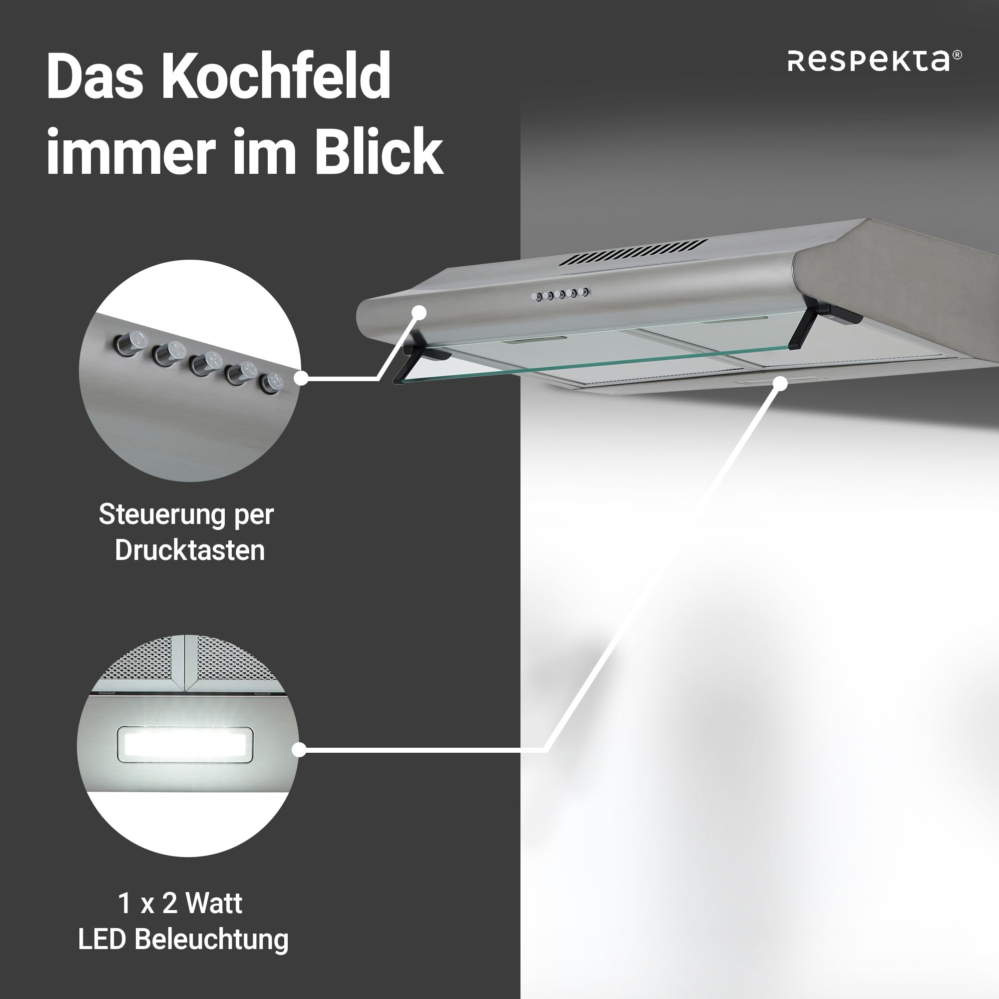Respekta Dunstabzugshaube Unterbau 60 cm Edelstahl Glasschirm Abluft Umluft 45-61 dB CH1259IXCN