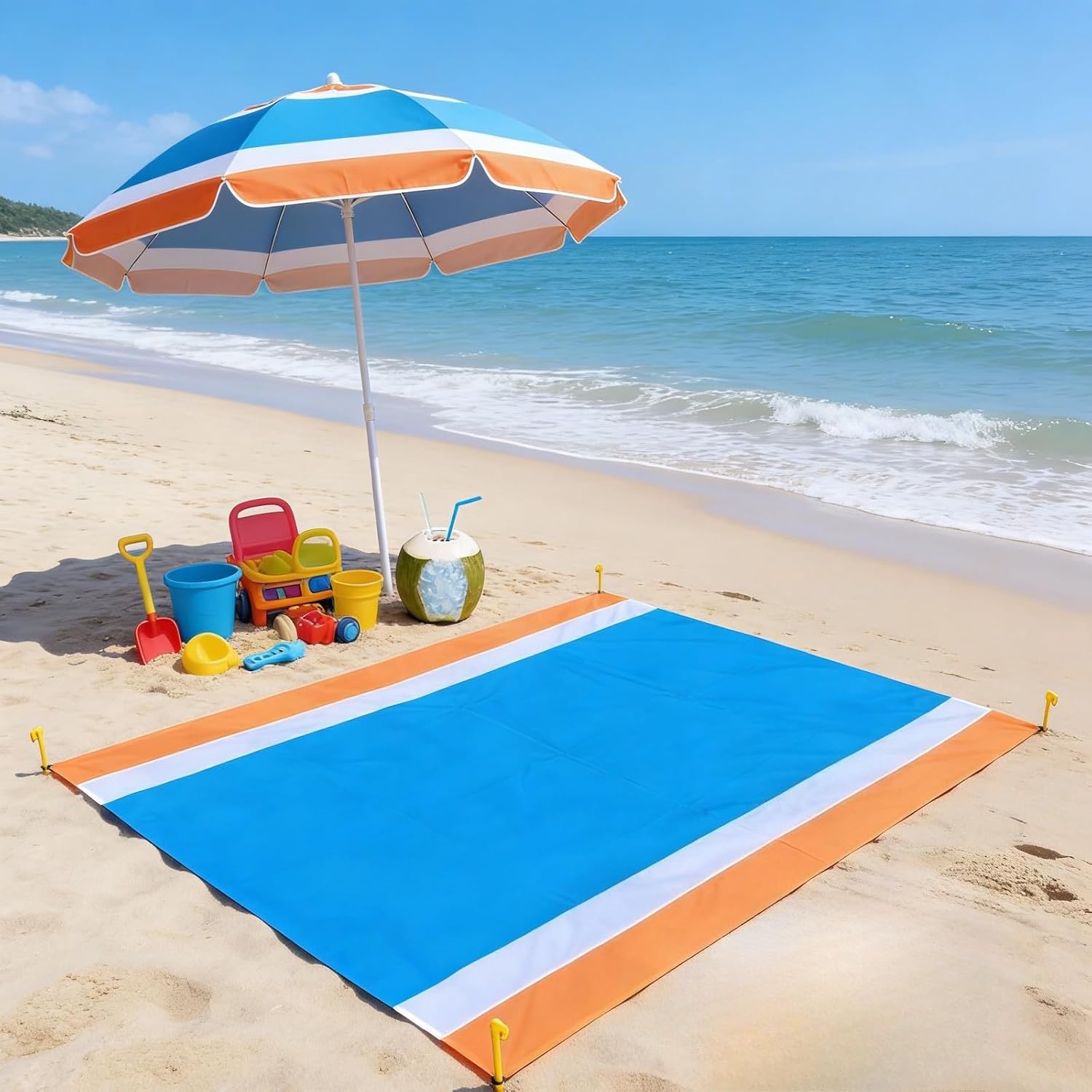 Oversized Sandproof Beach Blanket for 4-7 Adults, Lightweight Large Picnic Mat for Beach Travel Camping Hiking 83”x79” (Blu.Org.Wh) t