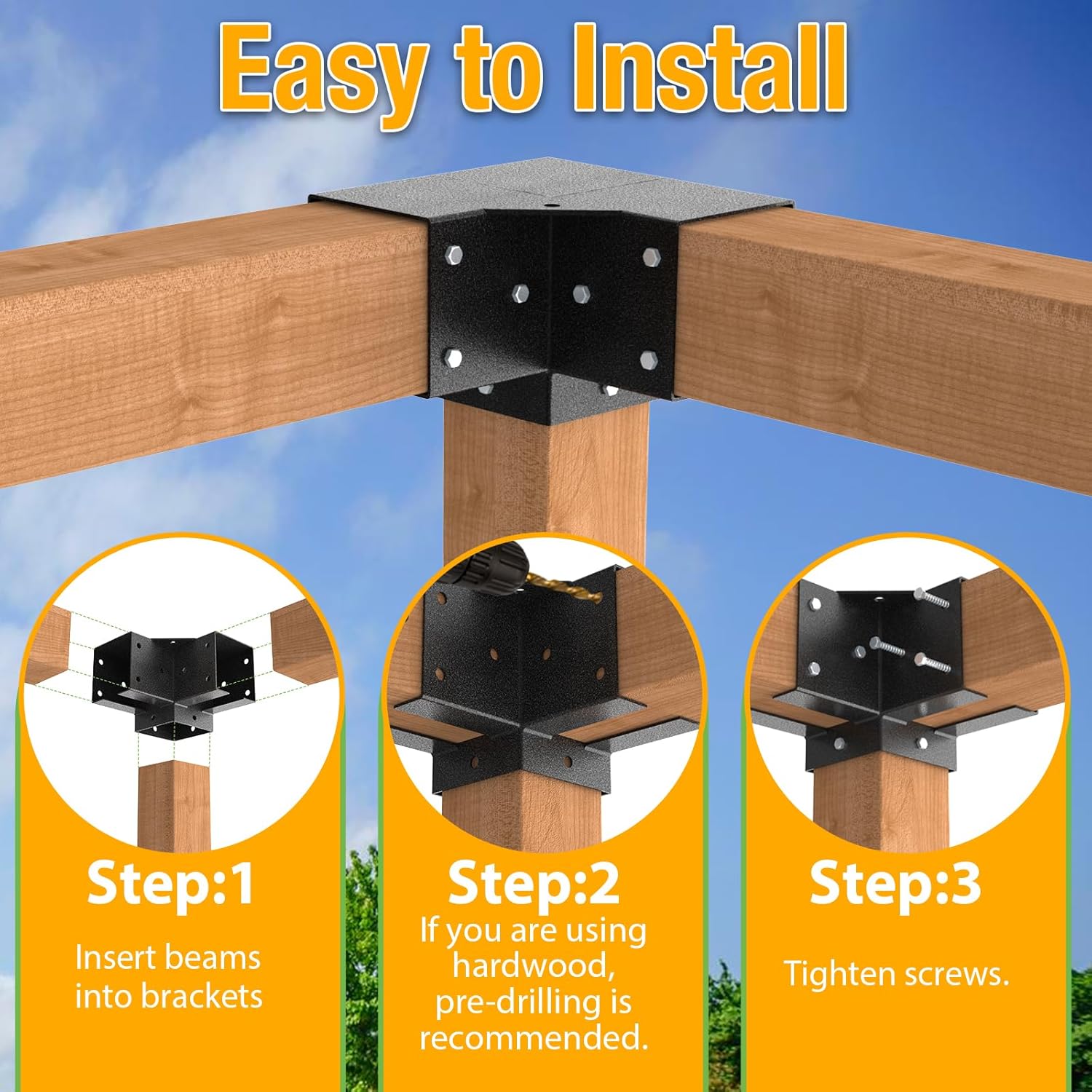 3-Way Pergola Brackets, 4"x4" Pergola Kit, Pergola Corner Bracket for Gazebos, Patio Pergolas, Log Cabin, Wooden Beams (4PCS)