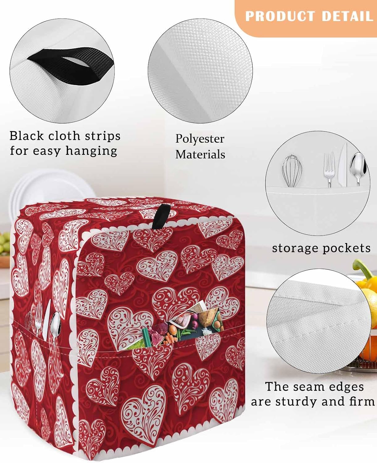 Valentine's Day Stand Mixer Cover with Storage Pocket, Waterproof Kitchen Mixer Covers, Red Love Heart Romantic Art Kitchen Appliance Dust Cover Compatible with 5-8 Quart Mixers