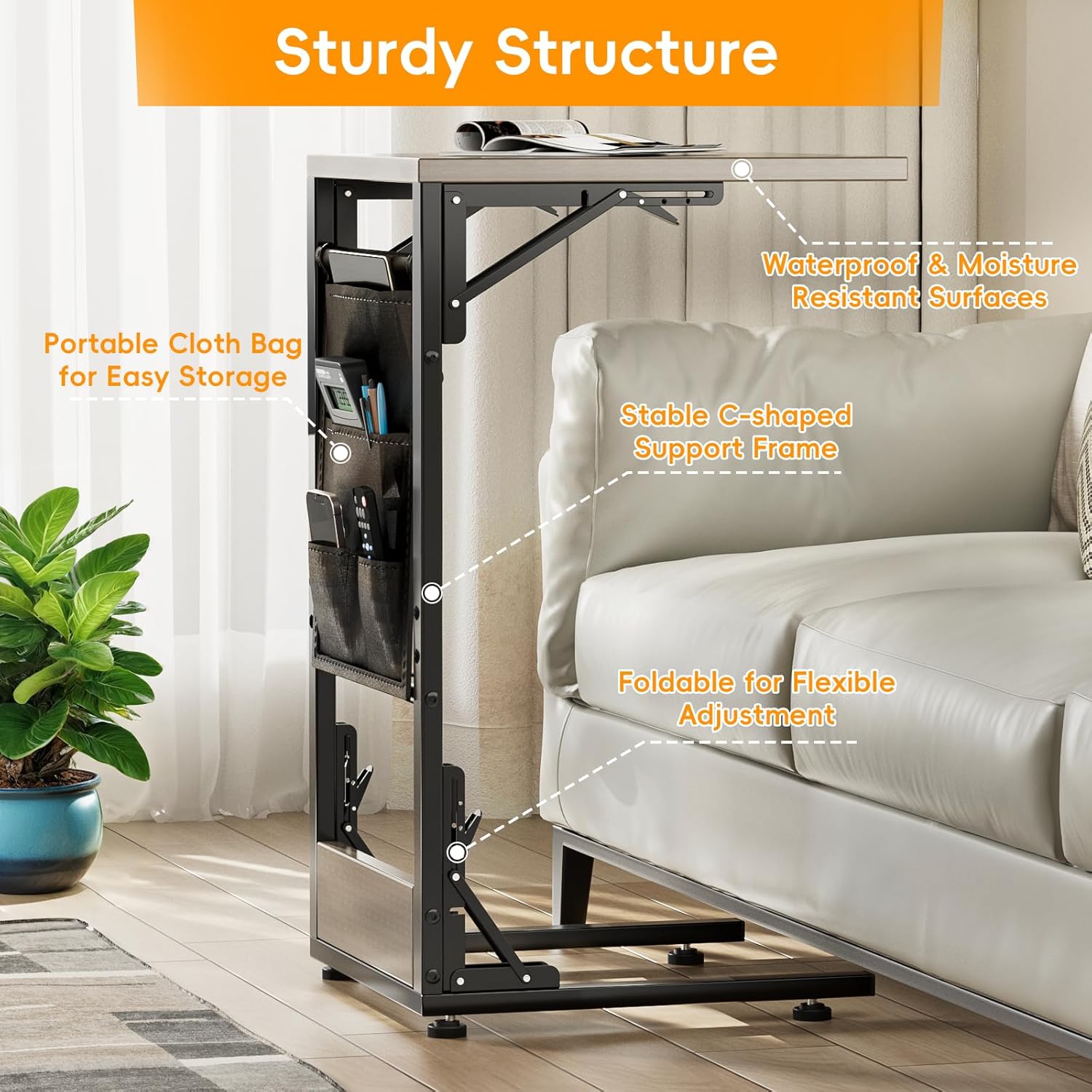 Kufutee Folding TV Tray Table, Small Folding Side Table with Storage Bag, Portable C Shaped End Table for Couch Sofa Bed, Oak Gray