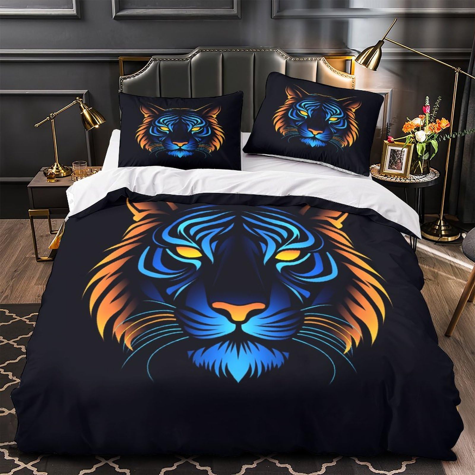 Housse de couette tigre anti-acarien 135x200 avec zip pour enfilage rapide