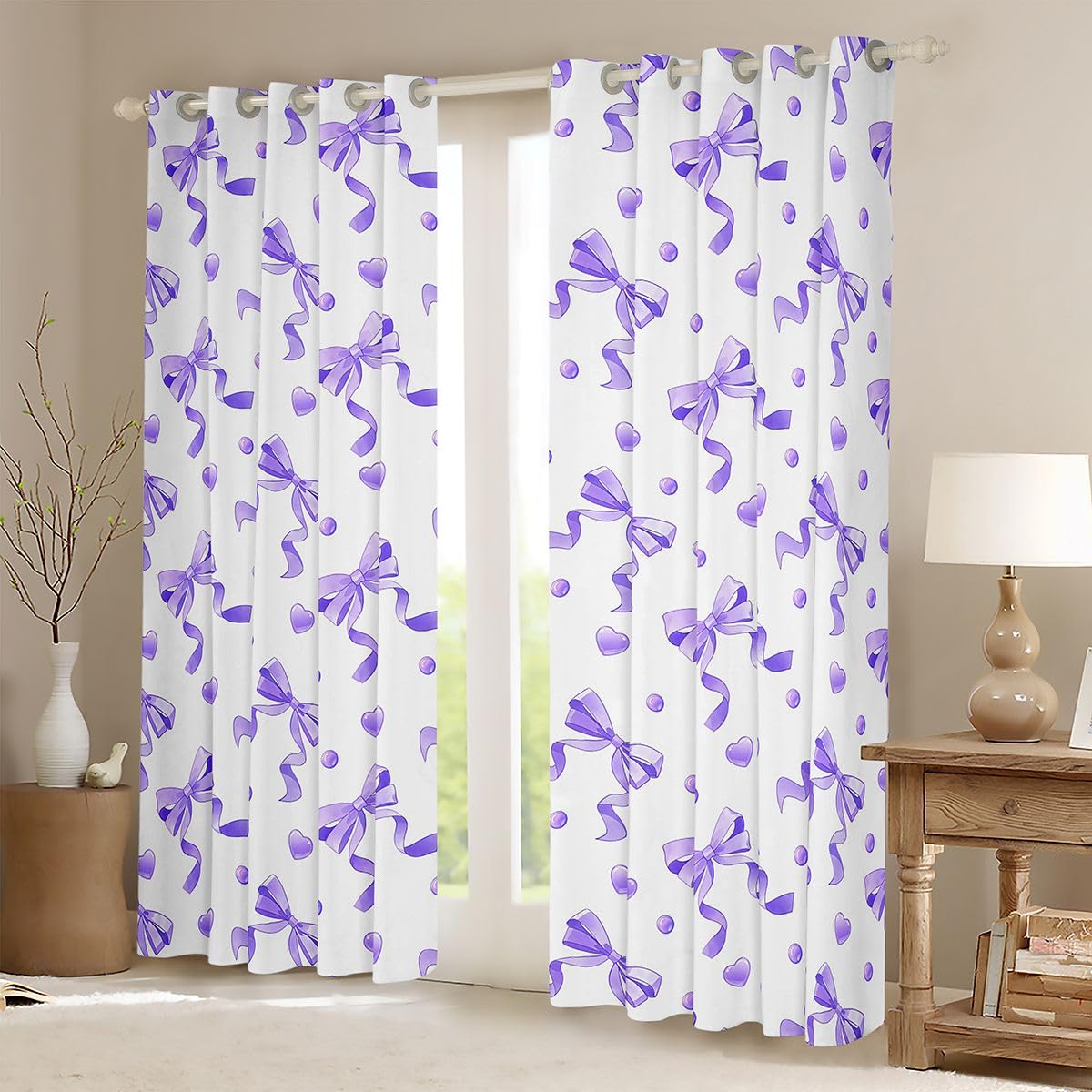 Homewish Dziewczęca kokardka księżniczka, fioletowe zasłony okienne, 168 x 229 cm, 2 zestawy paneli – miłosne serca zasłony zaciemniające estetyczne zasłony okienne, urocza wstążka, kokarda