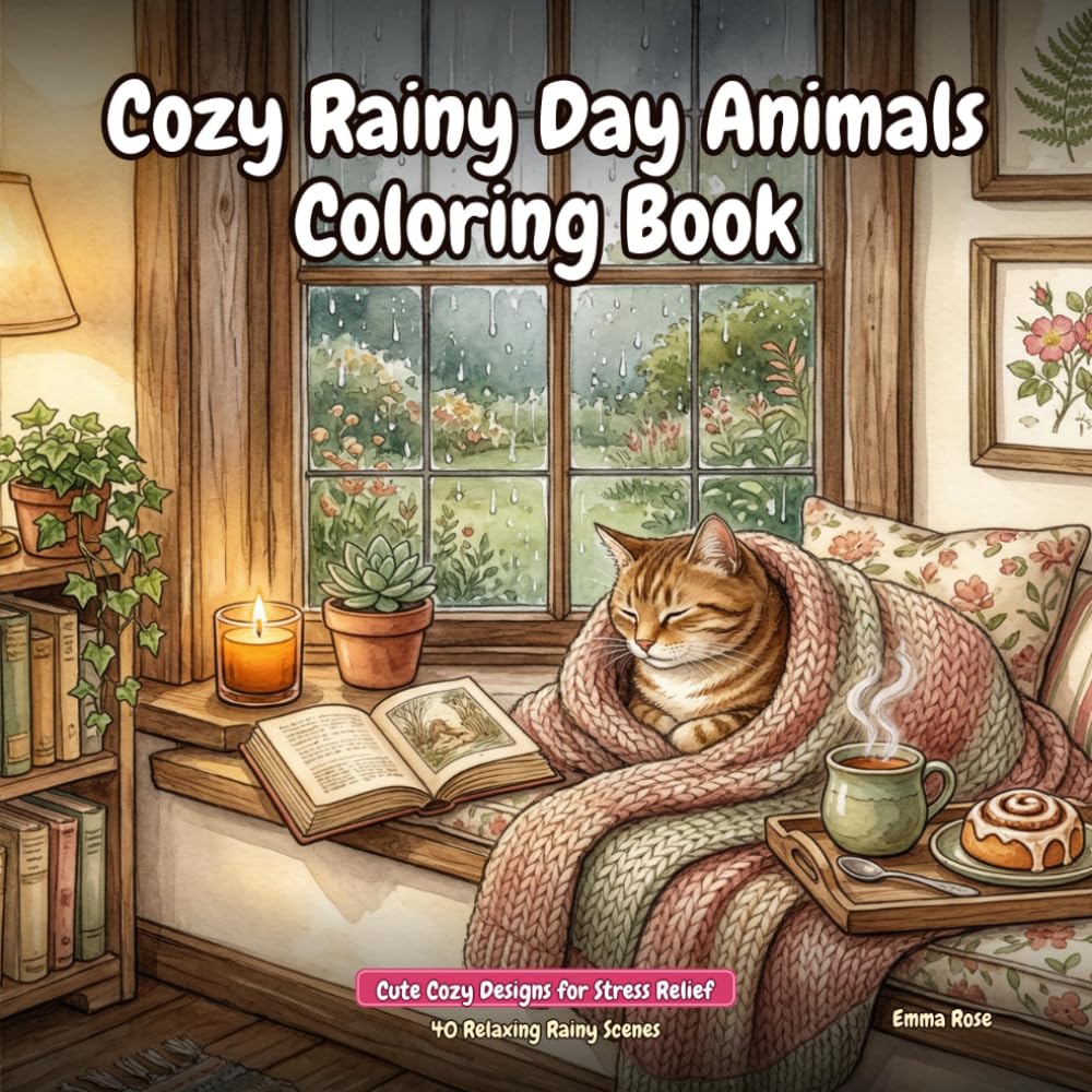 Cozy Rainy Day Animals Coloring Book: Cute Cozy Designs for Stress Relief