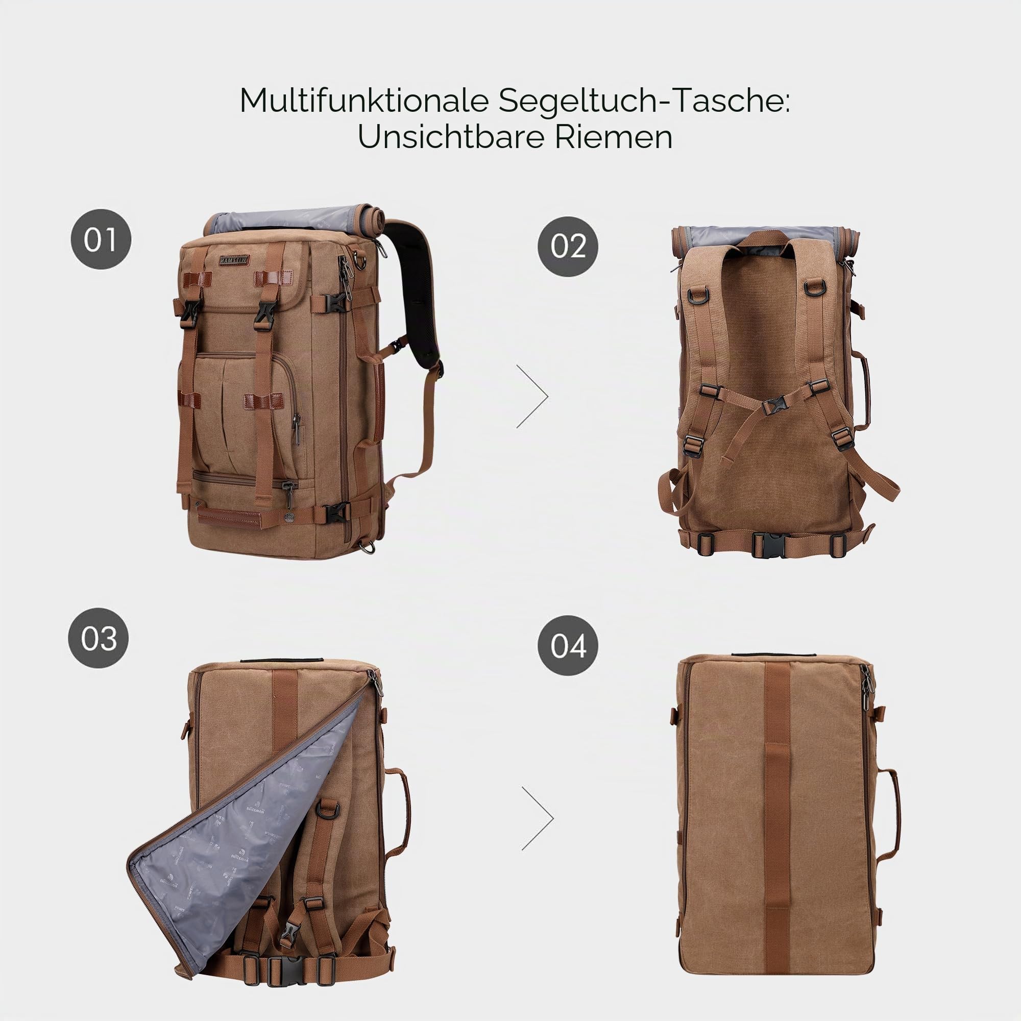 WITZMAN Canvas Reiserucksack Herren Umwandelbar mit 17-Zoll-Laptopfach | Großer Stauraum, 3-in-1 und praktische Fächer, ideal für Reisen, Arbeit und Kurztrips, A519-2 Gross Braun