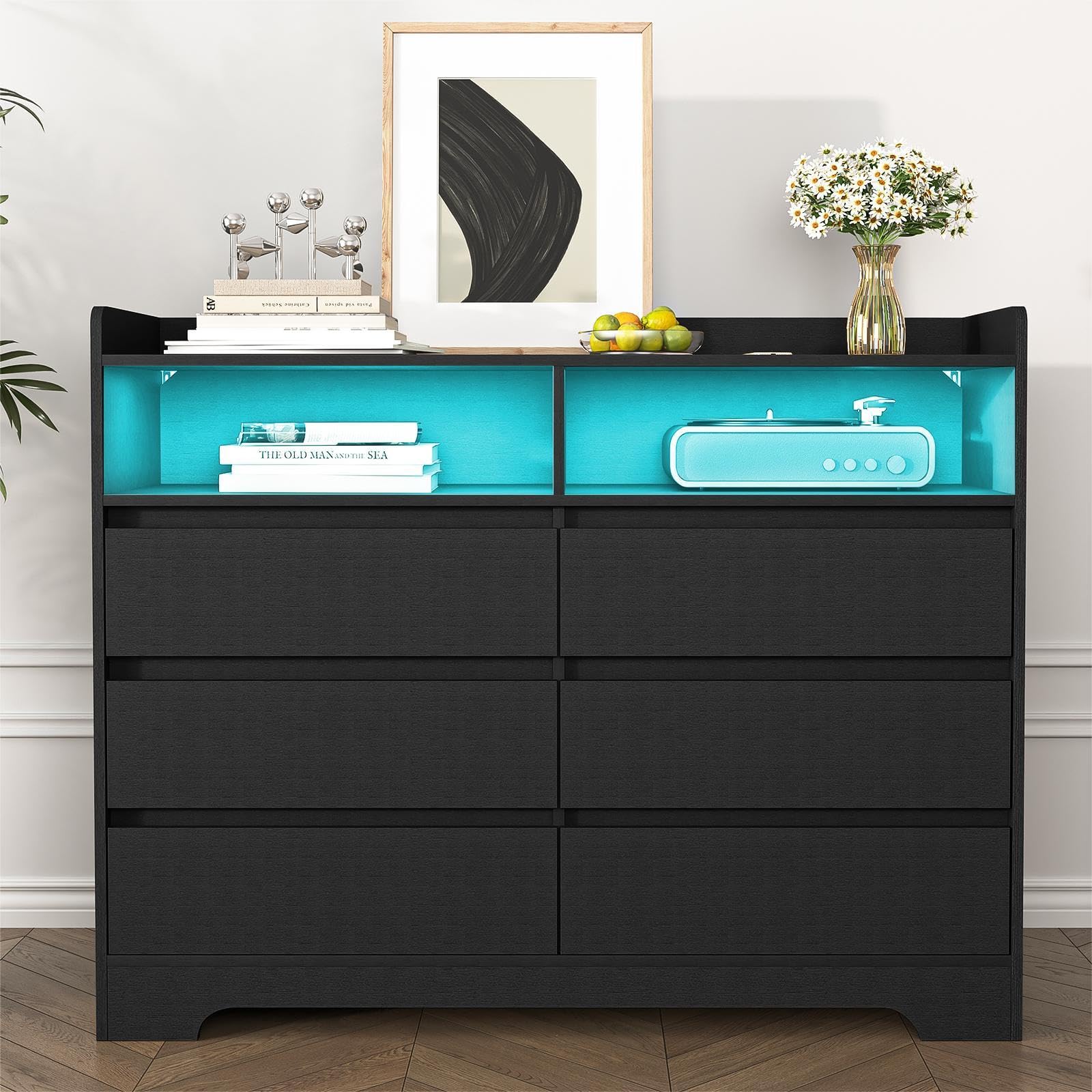 Amazon.com: Spaco Black Dresser with Deep Drawer for Bedroom, 51'' Wide 6 Drawer Dresser with LED Lights and 2 Open Shelf,Modern Storage Chest of Drawers for Living Room : Home & Kitchen Amazon.com: Spaco Black Dresser with Deep Drawer for Bedroom, 51'' Wide 6 Drawer Dresser with LED Lights and 2 Open Shelf,Modern Storage Chest of Drawers for Living Room : Home & Kitchen
