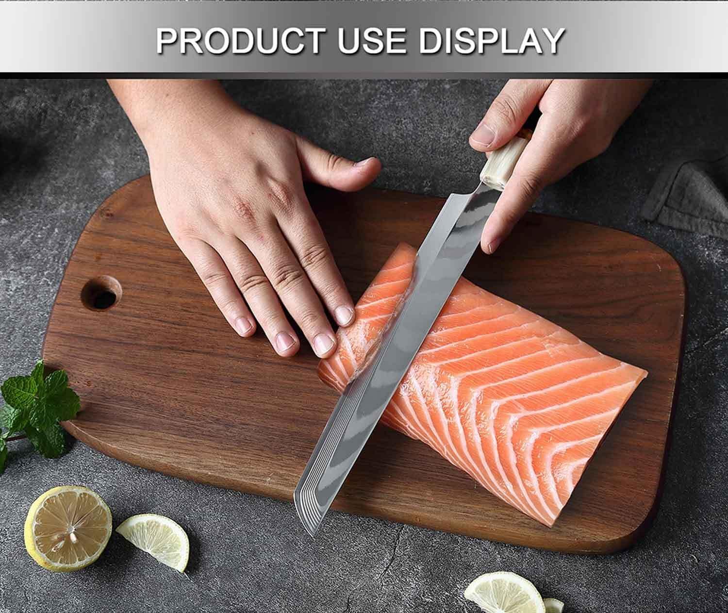 Sakimaru oder Yanagiba Messer Mit achteckigen Ebenholz- und Büffelhorngriff Lachsmesser und Filetmesser für Sushi und Fisch Damast Edelstahl 33 Lagen sehr scharf 43 cm