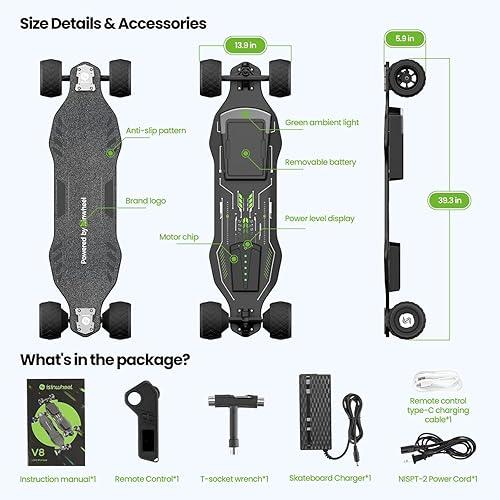Miniatura 7 de isinwheel Patineta eléctrica V4V6V6proV8V10 con mando a distancia, velocidad máxima de 250 W450 W500 W1200 W3000 W, motor sin escobillas, 9 Mph12