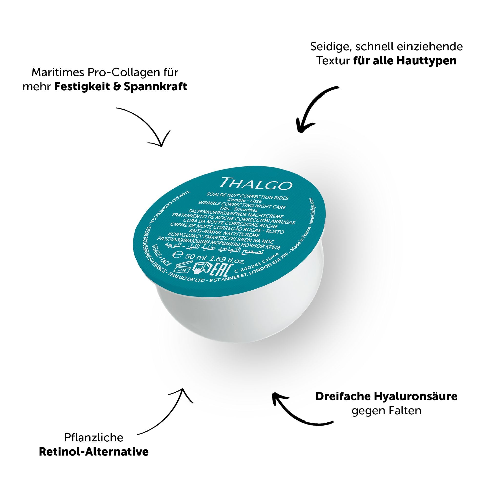 THALGO Refill Faltenkorrigierende Nachtcreme – Hyalu-Procollagène Anti-Falten Nachtpflege mit Retinol-like Wirkstoff, 50 ml