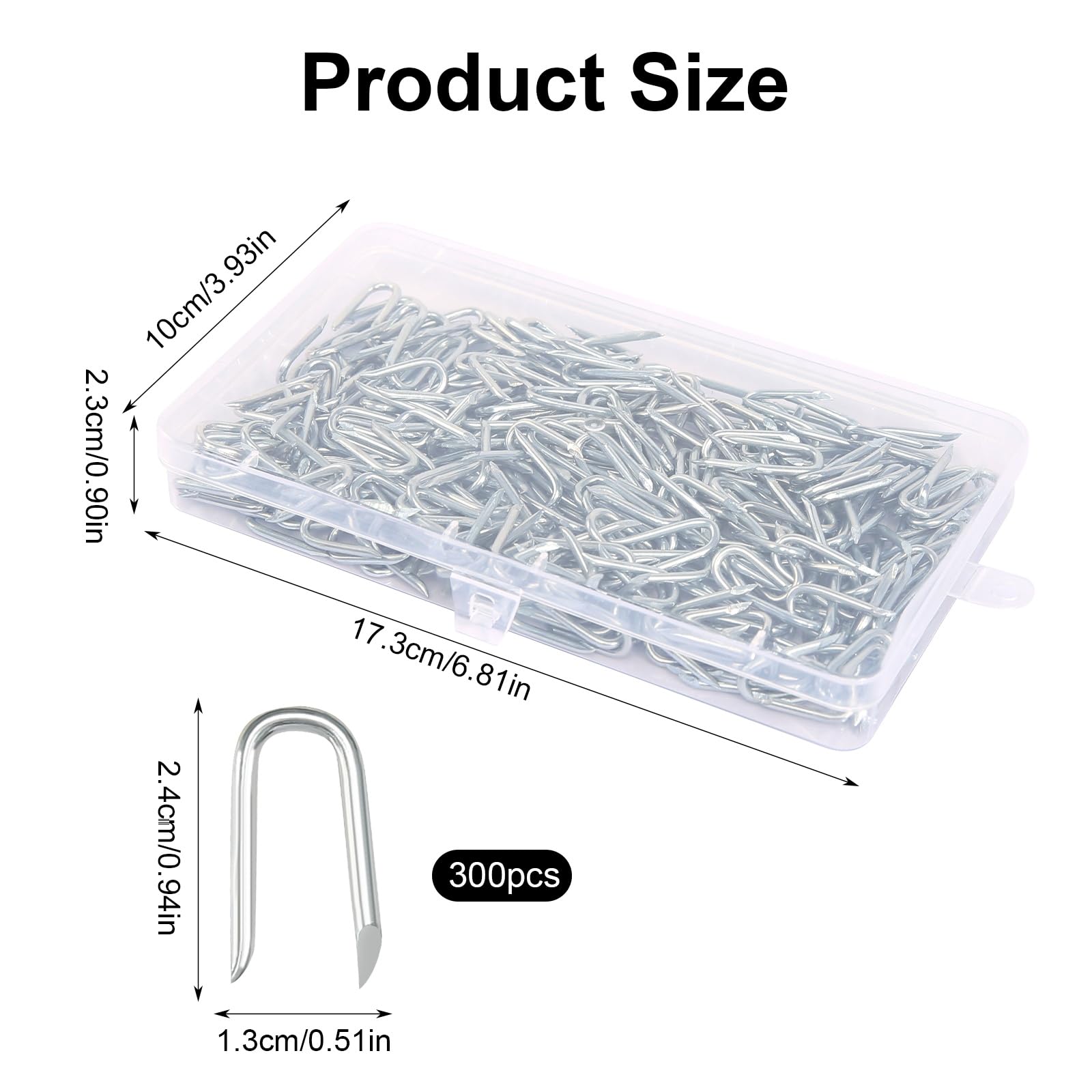 300 sztuk galwanizowanych gwoździ w kształcie litery U w plastikowym pudełku, ogrodzenie druciane, 24 mm, zszywki, ogrodzenie, zszywki, ciężkie elementy mocujące, gwoździe, gwoździe w kształcie litery