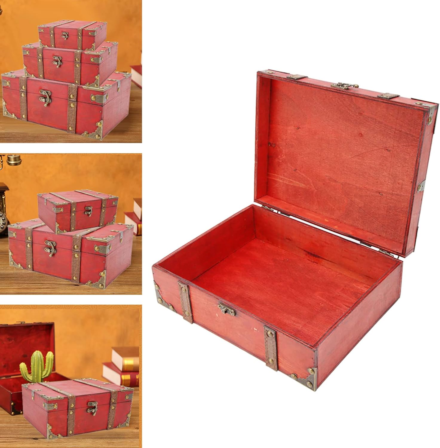 Treasure Chest Rectangle Wood Treasure Box Toy Storage Case with Latch, Vintage Handmade Home Decorations Craft Box for Jewelry(27.5 x 21.5 x 9.5cm)