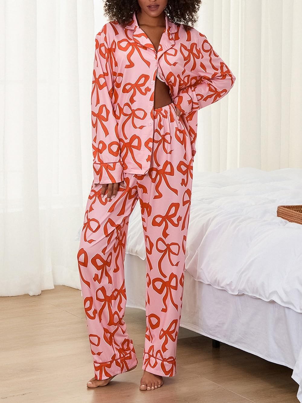 Women Cute Bow Pajama Set Long Sleeve Button Shirt Pants Silk Satin Lounge Outfit Valentine’s Day 2 Piece Pj Set - Image 2