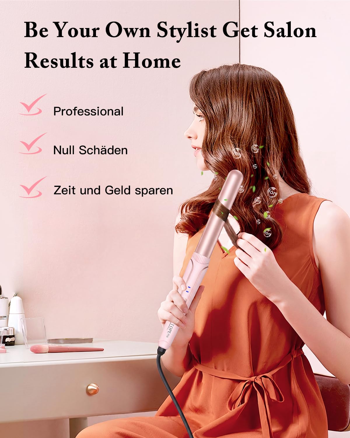 BESTOPE PRO Rizador de pelo con 3 barriles de hierro ondulado 5 en 1, juego de 3 barriles para ondas grandes, ajuste de temperatura, calentamiento rápido y un guante, 2 clips, color rosa