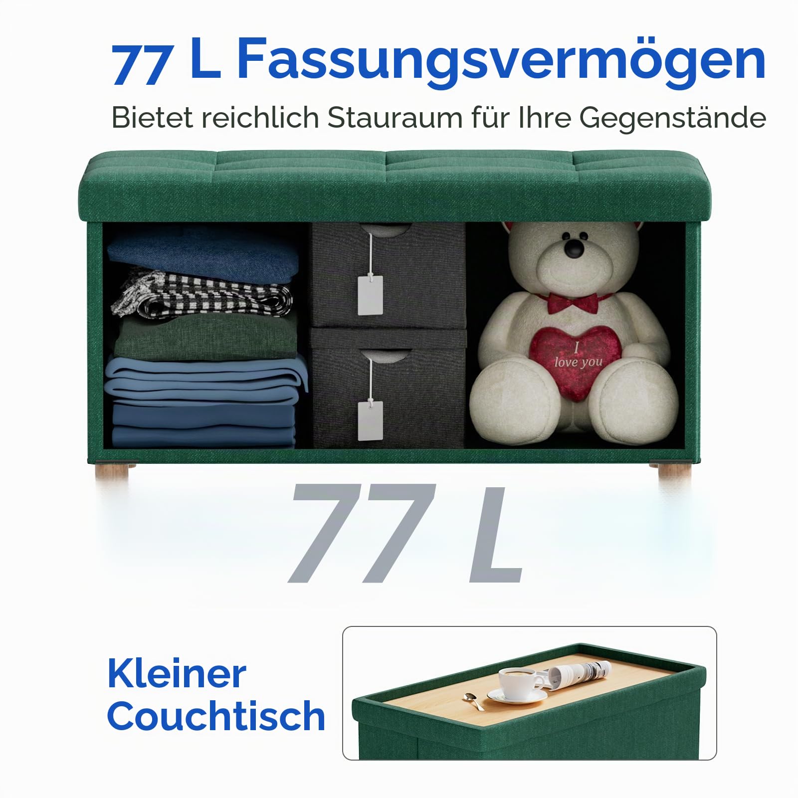 BRIAN & DANY Ottoman-Aufbewahrungsbox mit 4 Holzbeinen, Leinen-Aufbewahrungs-Ottoman für Wohnzimmer, Dunkelgrün, 76x38x38 cm