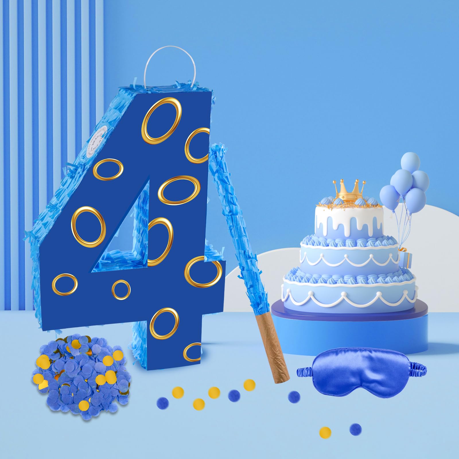 Piñata de anillo de oro azul número 4 de 16 pulgadas con piñata de 16 pulgadas, confeti vendado para niños y niñas, decoración de fiesta de 4º cumpleaños (4º)