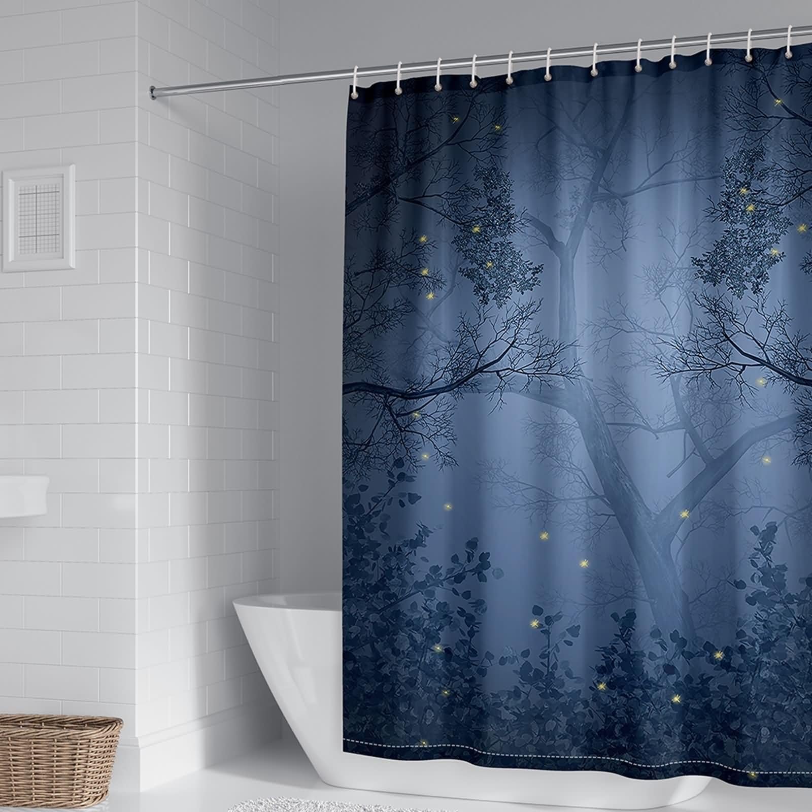 Rideau de douche imperméable en polyester 165x180cm au motif d'arbres et lucioles