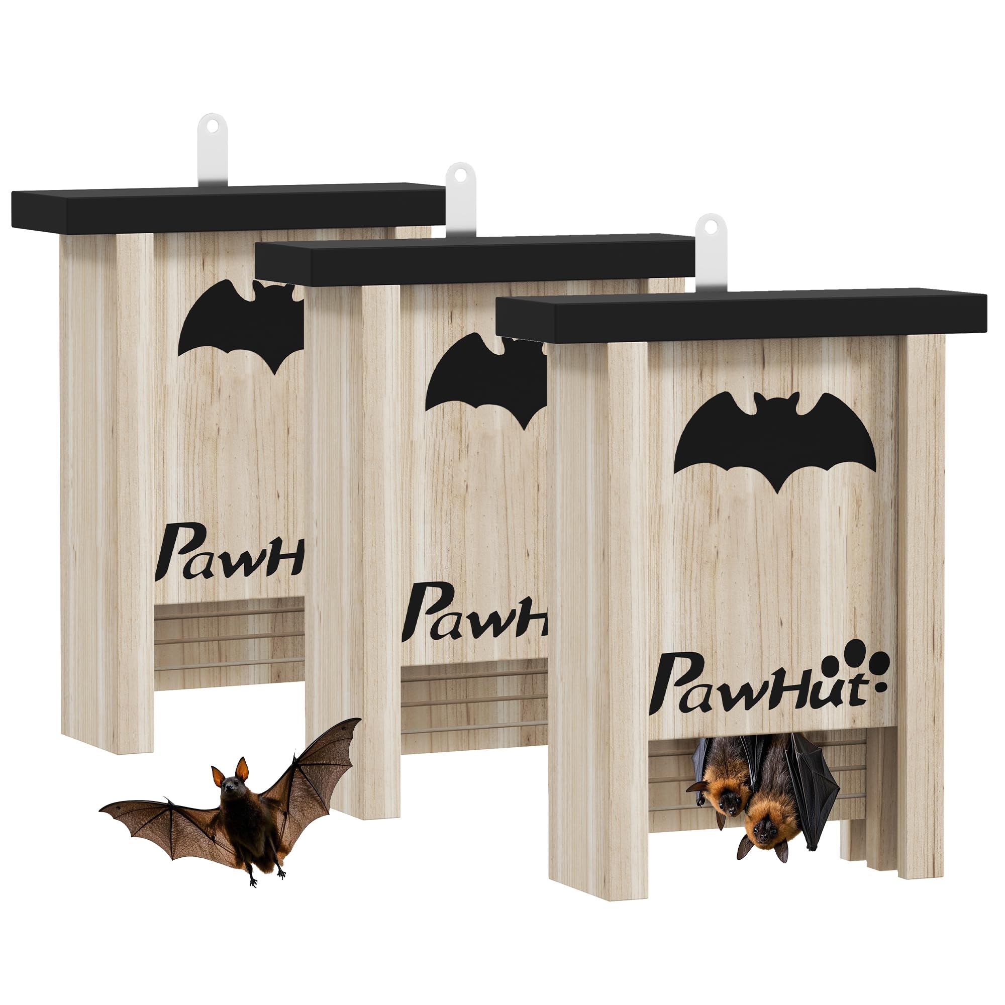 PawHut Pack de 3 Casas para Murciélagos de Madera Maciza, Cajas para Murciélagos, Resistente a la Intemperie, para Exterior, Jardín, Huerto o Granja, con Plataforma de Aterrizaje, Fácil de Colgar