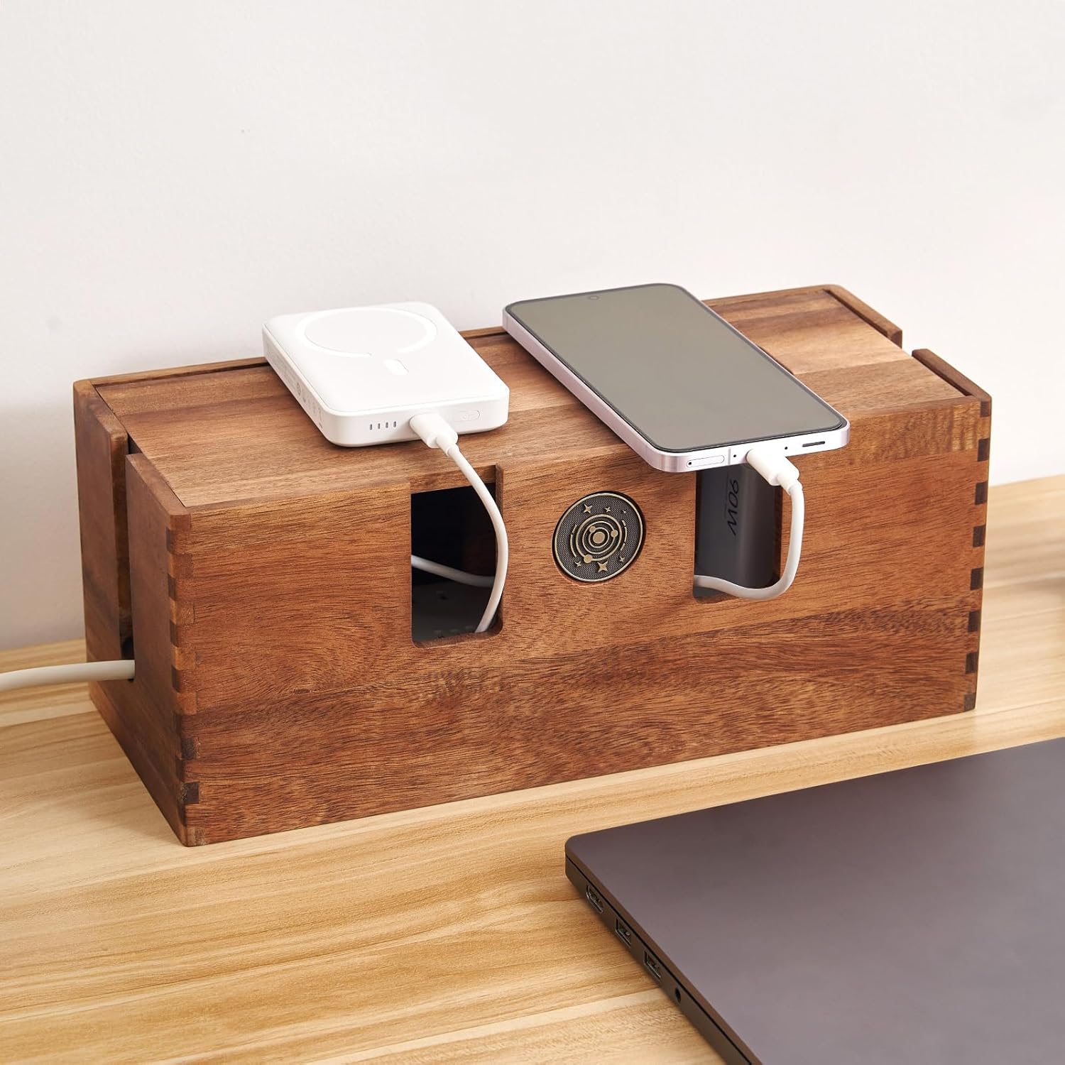 Acacia Wood Cable Management Box - Wooden Cord Hider & Organizer for Desk & Floor, Power Strip & TV Wire Concealer, Under Desk Storage for Office, Home Electrical Cables