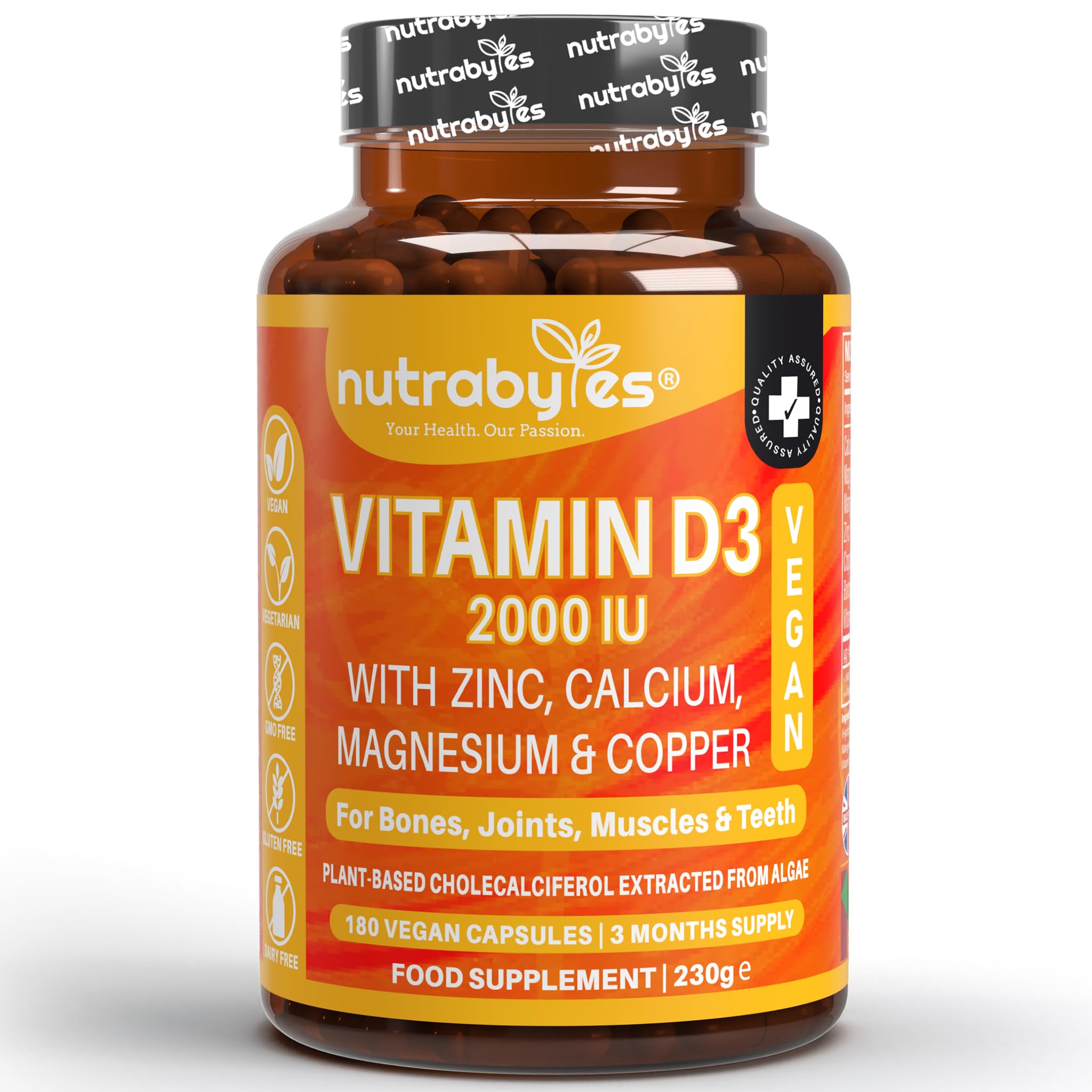 Nutrabytes Vitamin D3 2000iu, 180 Capsules | High Strength Supplement with Zinc, Calcium, Magnesium & Copper | Vegan Vitamins & Minerals to Support Bones, Muscles, Teeth, Energy & Immunity | 3 Months