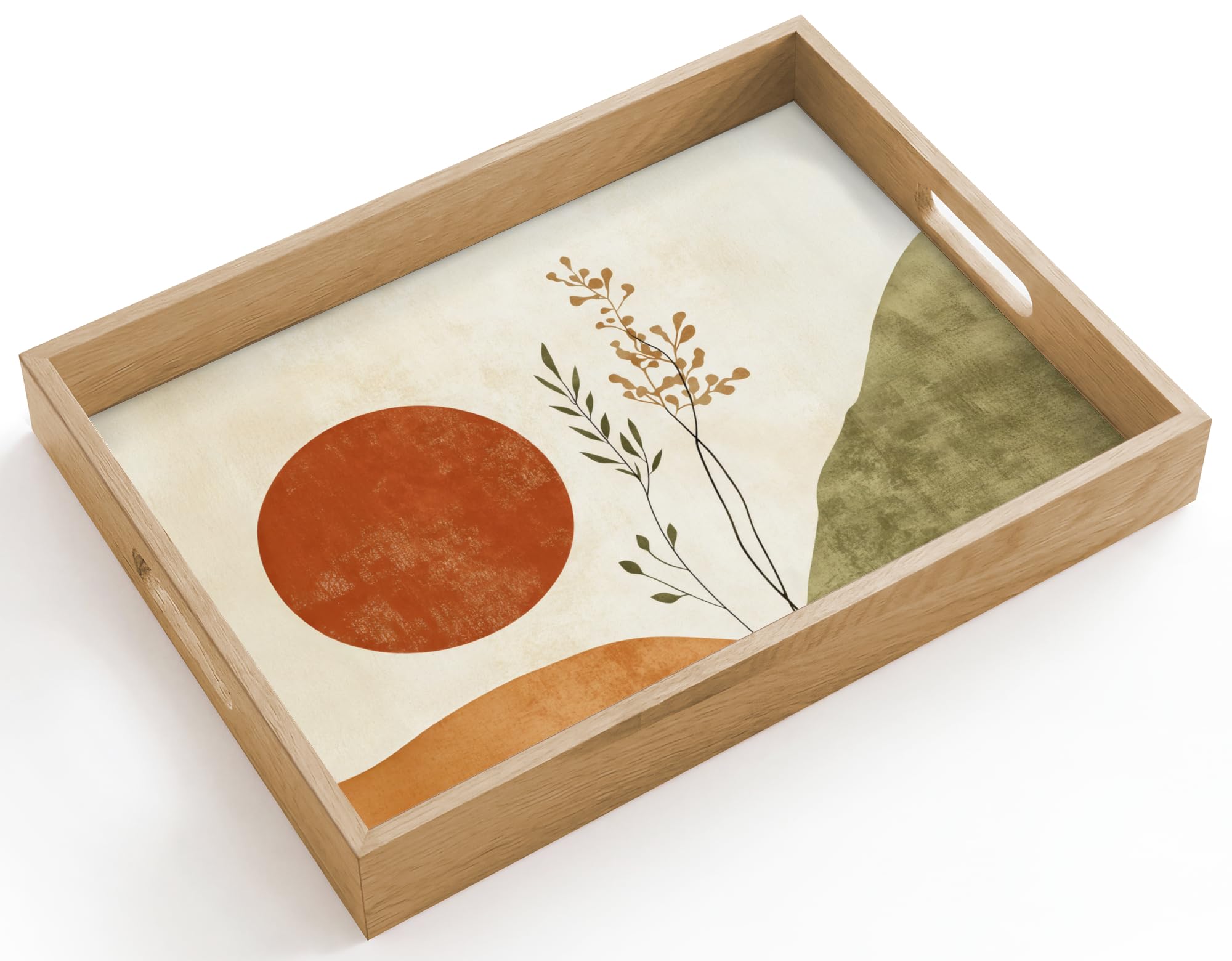 Holztablett Rechteckig 40x30 cm Küchentablett Servier Tablett Eiche Serviertablett Holz Servierplatte Mit Henkel Tray Kaffeetablett Sonne - Abstrakt - Äste - Orange