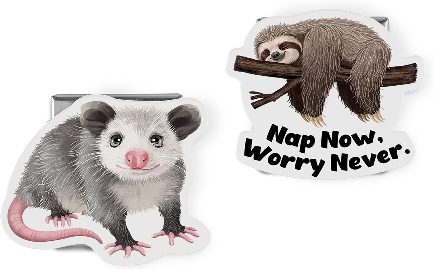 WIRESTER Set of 2 Stainless Steel Magnetic Clips for Home Office Fridge Lockers Whiteboard, Chip Bag Clips Paper Clamps for Food, Snack, Paper, Photo - Baby Possum, Sloth Never Worry