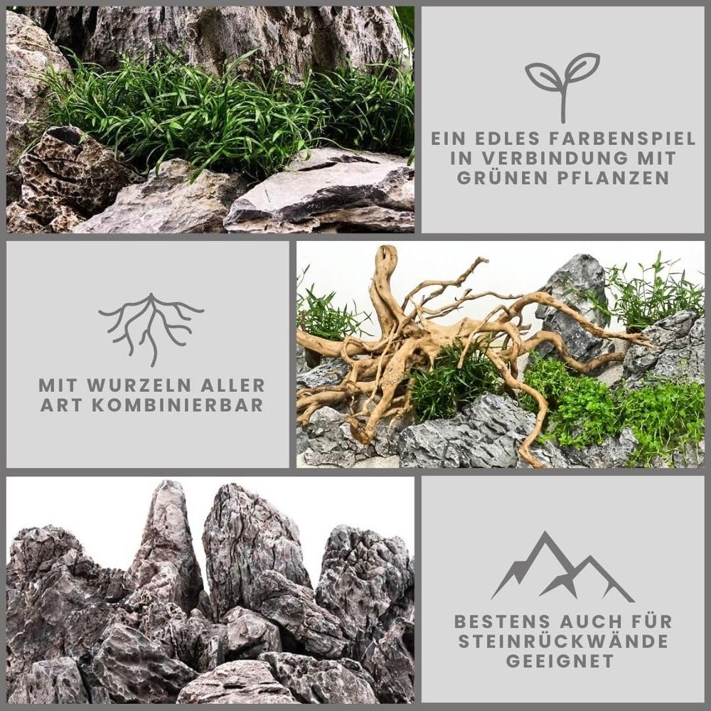 AquaOne Zestaw mini kamieni do akwarium, zestaw kamieni naturalnych Seiryu, mieszanka kamieni, rozm. M-XXL, skała do aquascapingu, dekoracja na ścianę, pagoda, tylna ścianka, aquascape, dekoracja
