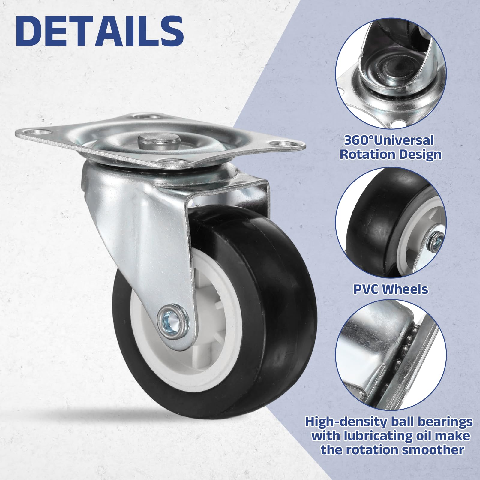 PATIKIL 2 Inch Caster Wheels, PVC Silent 360 Degree Swivel Plate Castors for Furniture Drawers Storage Bins DIY Project - 4pcs (Black) - Image 3
