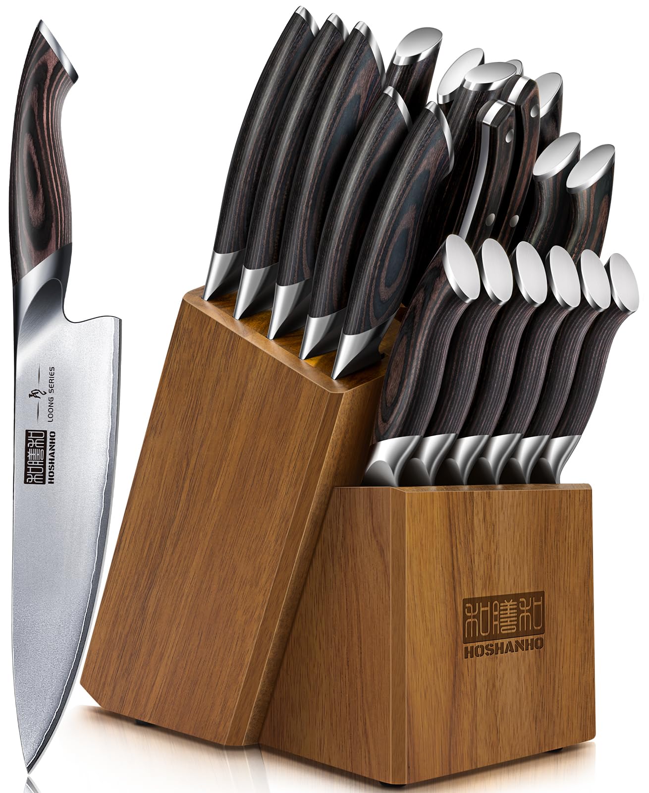 HOSHANHO 20PCS Knife Set, Ultra Sharp Japanese Kitchen Knife Set with Block | Professional High Carbon Stainless Steel Chef Knives Set with Sharpner, Cooking knife with ergonomic handle, Ideal Gifts