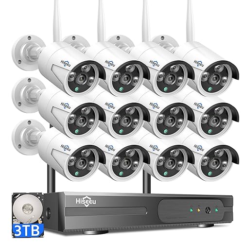 Hiseeu Wireless Pro WiFi Security Camera System, 16CH 4K NVR Kit, Plug-in Powered 12Pcs 5MP CCTV Home Security Camera System for Indoor/Outdoor, Night Vision, Waterproof, Motion Detection, 3TB HDD - 5MP 12pcs 615 3T