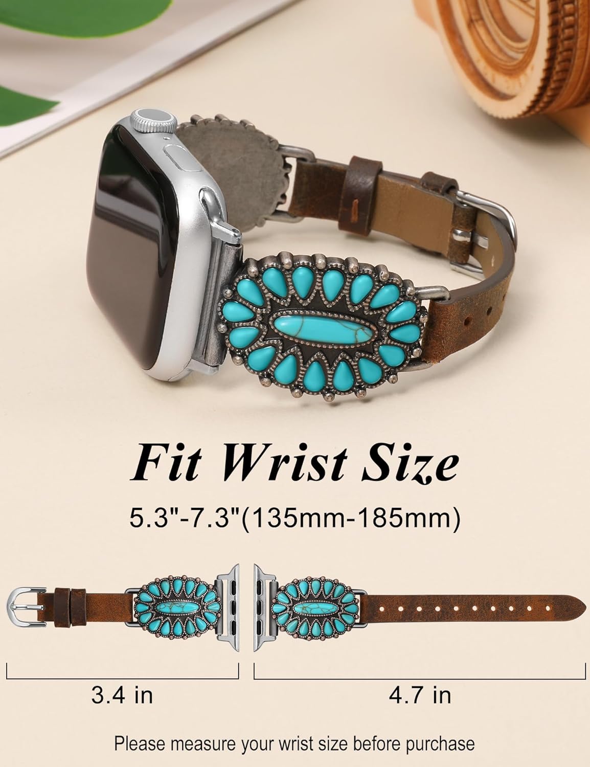 Minyee Leather Band Compatible with Apple Watch Band Women 42/46/38/40/41/44/45/49mm, Western Boho Turquoise Vintage Retro Designer Slim Thin Strap for iWatch Series 11 10 9 SE 8 7 6 5 4 3 2 1 Ultra - Image 4