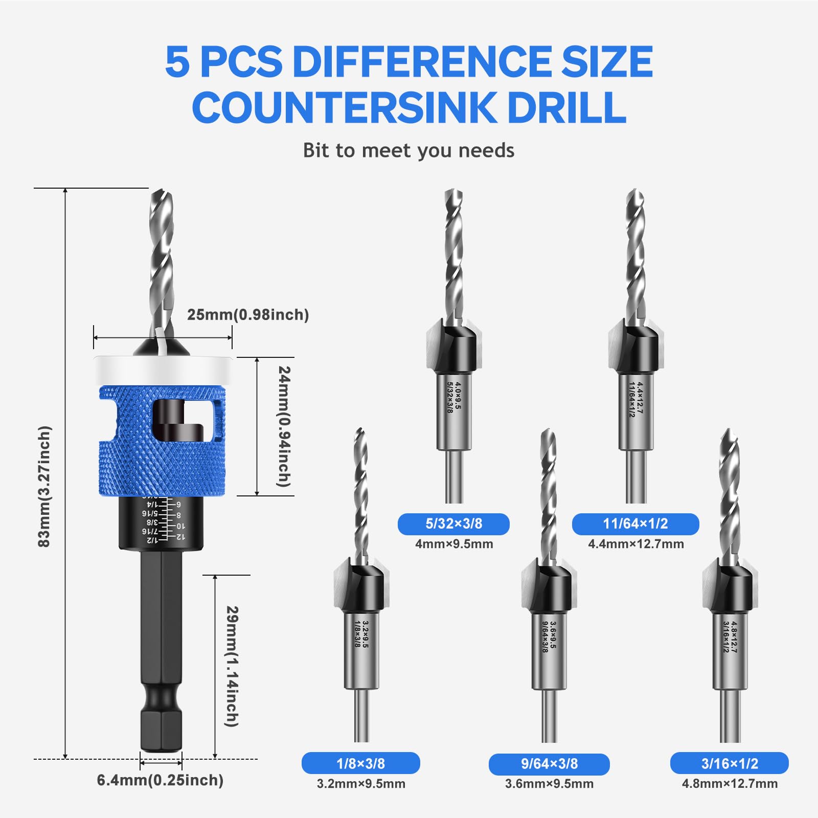 Countersink Bit Drill with 1/4 Inch Hex Shank, Made of HSS-M2, Precise Drills, for Wood Processing - Image 2